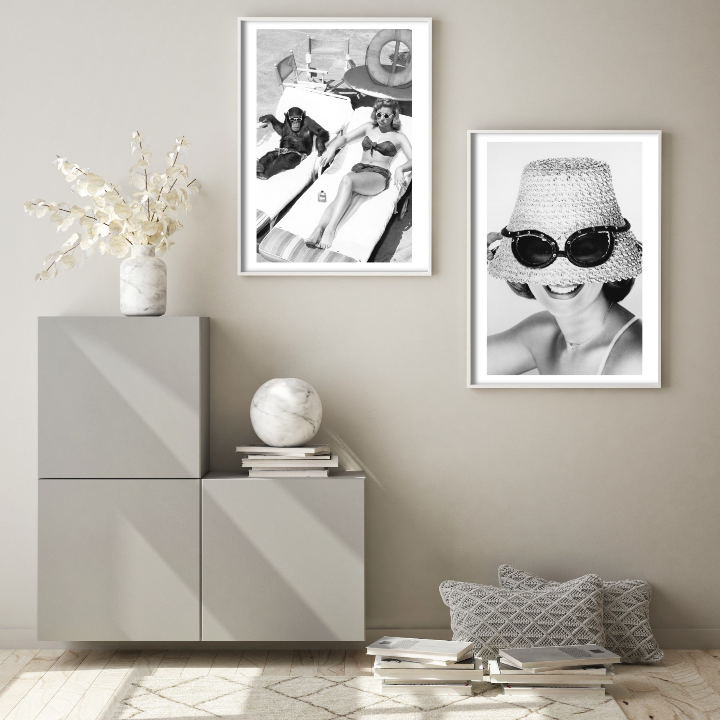 vintage black and white photography art prints in grey living room