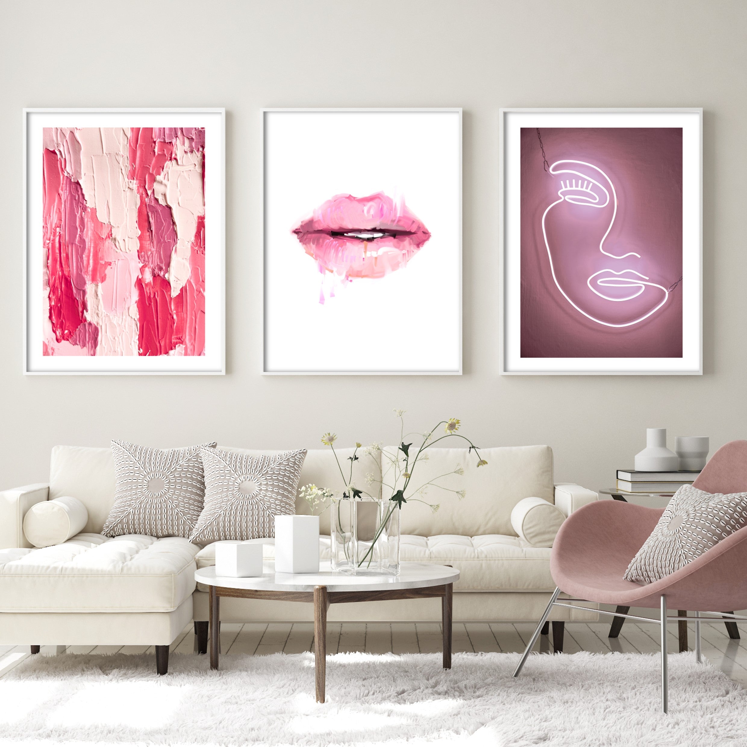 pink wall art in white living room