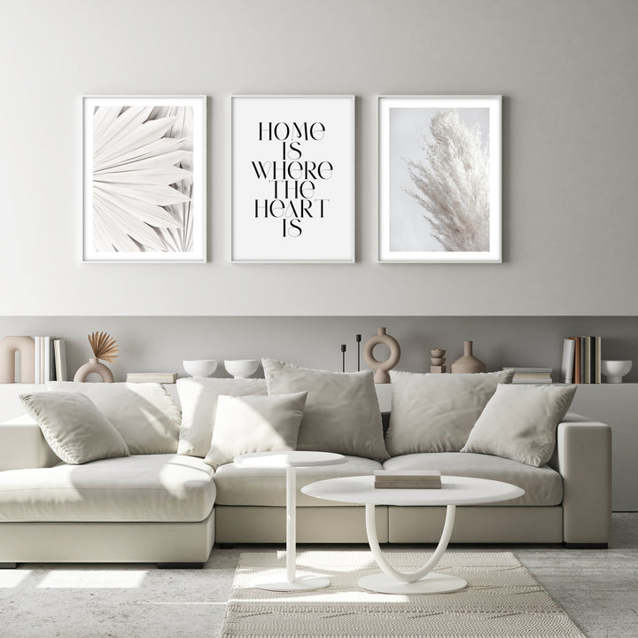 white palms wall art in grey living room