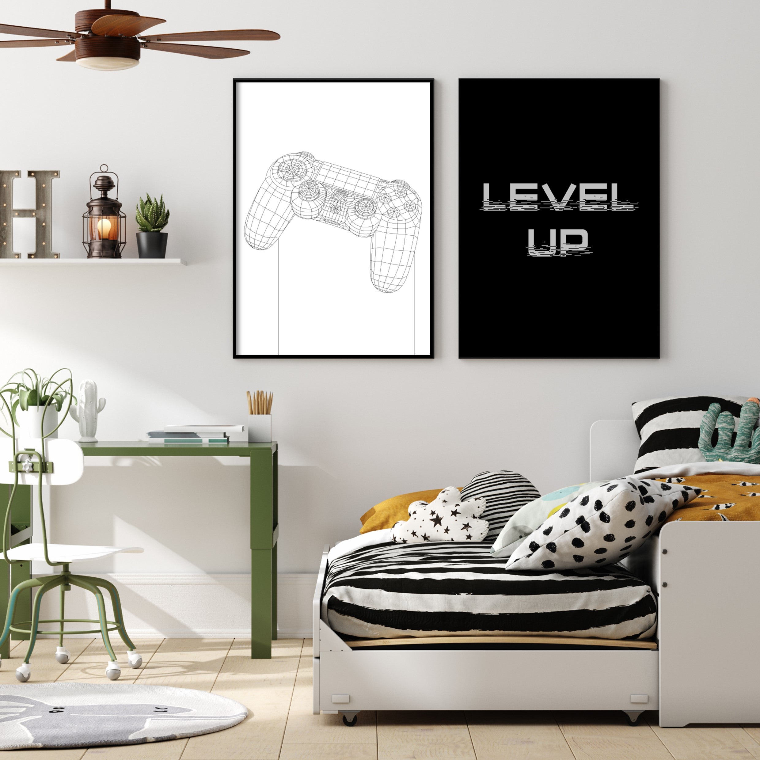 gaming inspired wall art in teenager bedroom