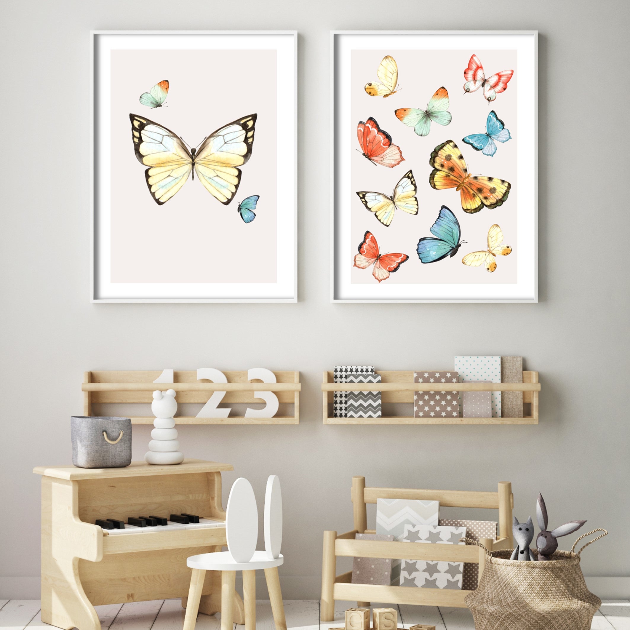 illustrated butterfly wall art in kids room