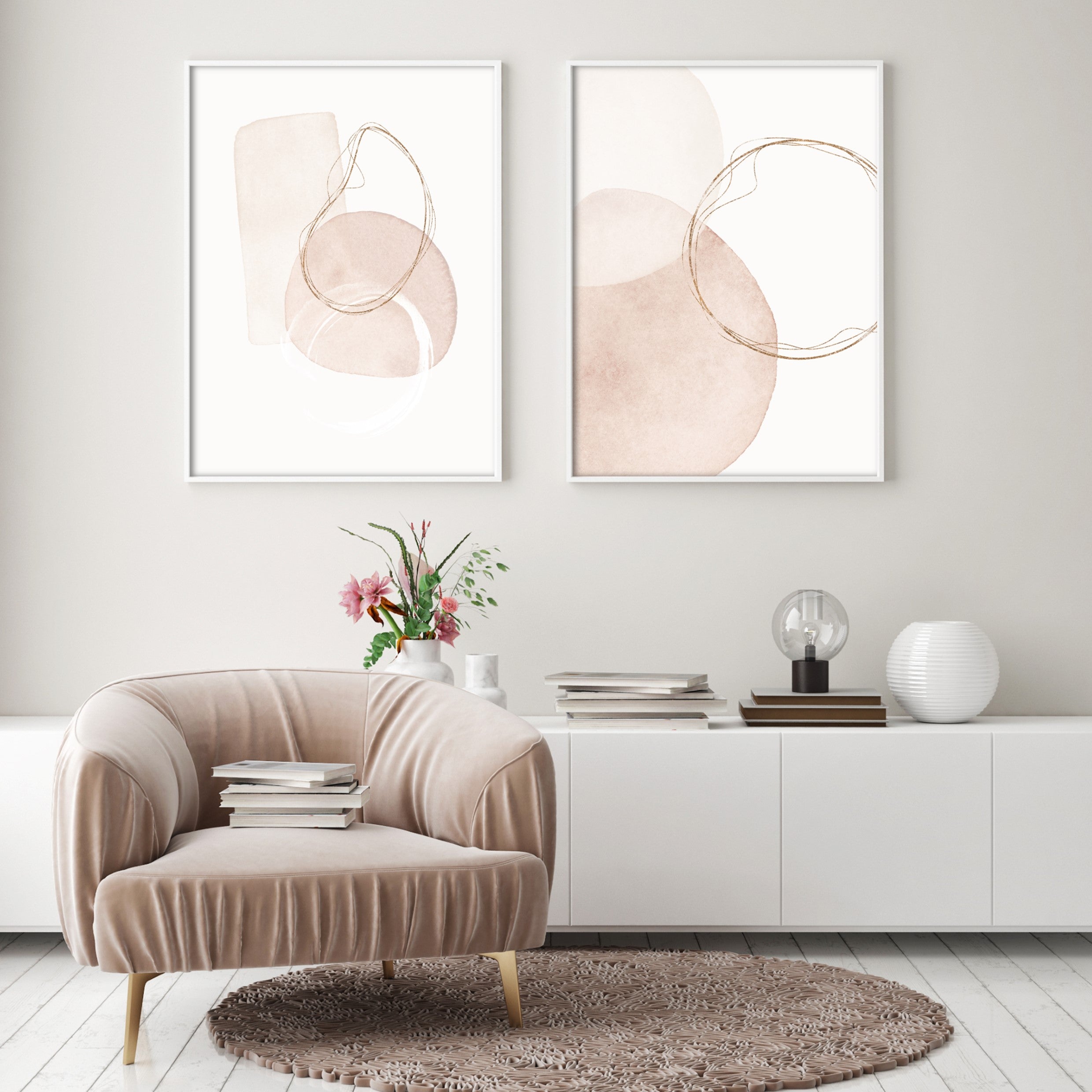 Different styles of circles on white background print in light brown decor living room