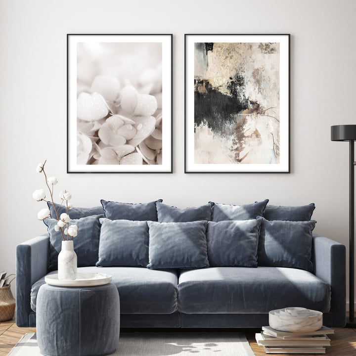 neutral hydrangea wall art in blue living room