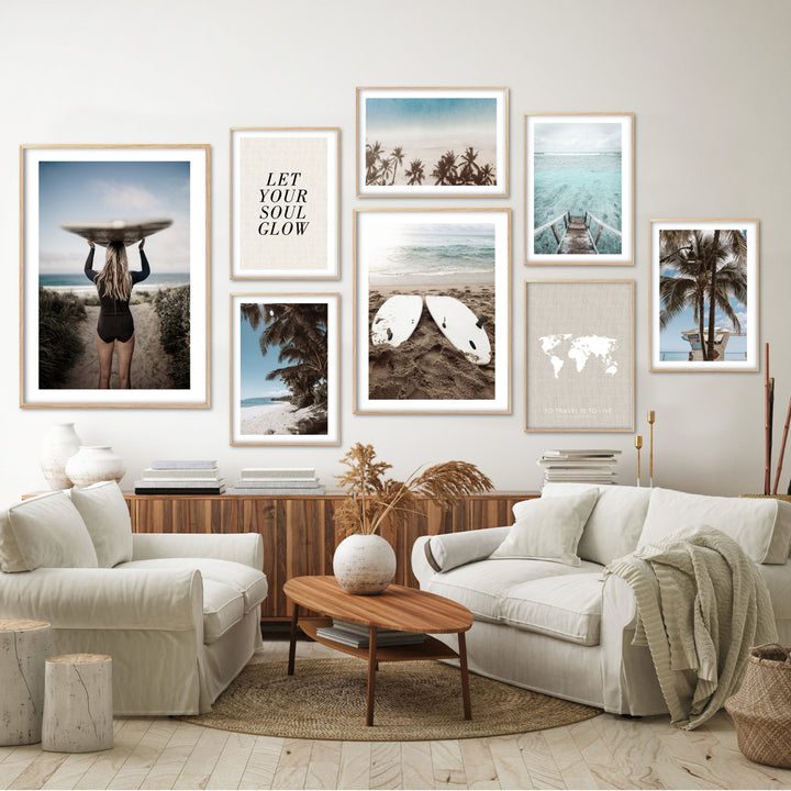 beach theme wall art in boho living room