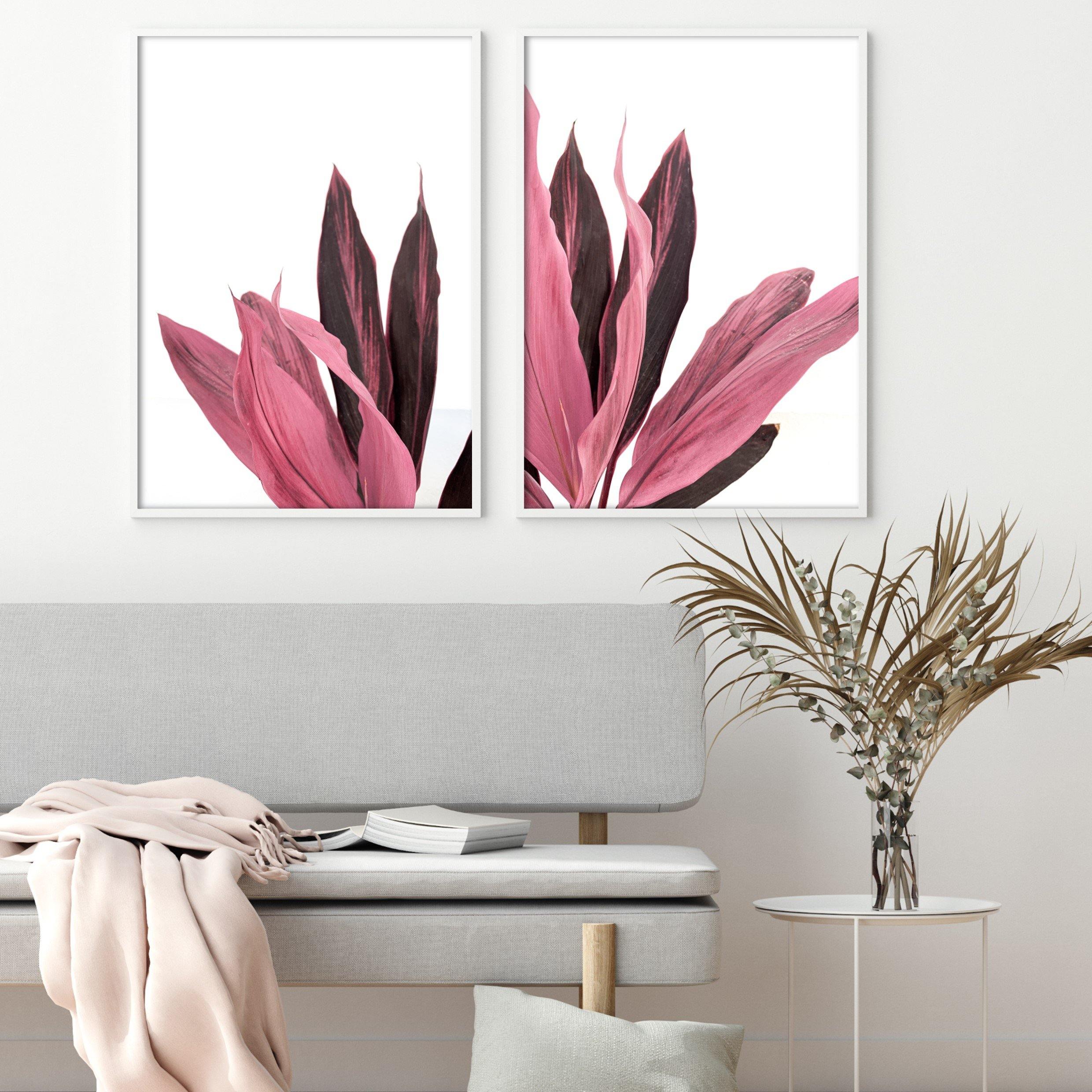 Print poster wall art pink leaves on white no 2