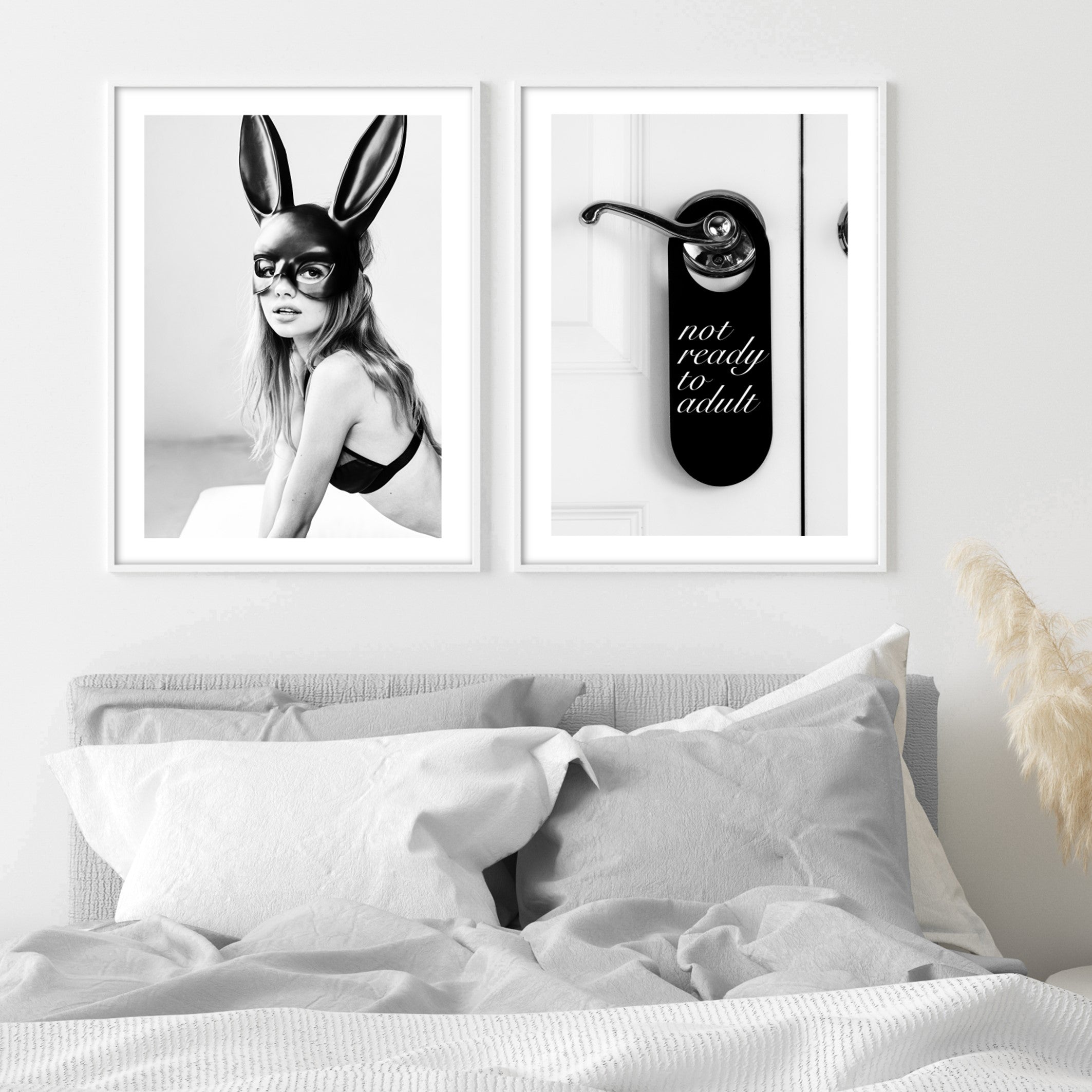 black and white photography prints in grey bedroom