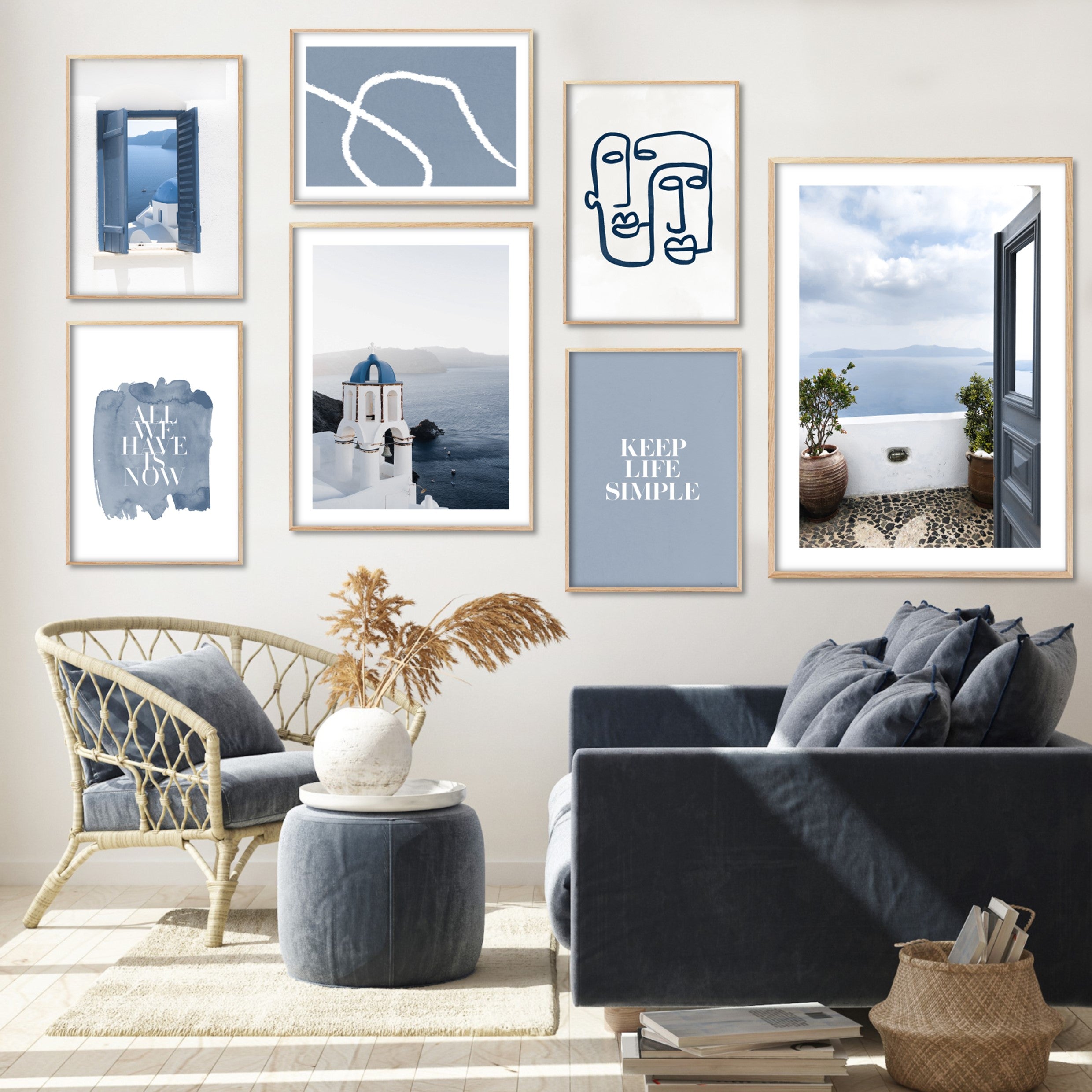 Print of Santorini Oia  tower with a view of the sea in a blue coloured living area