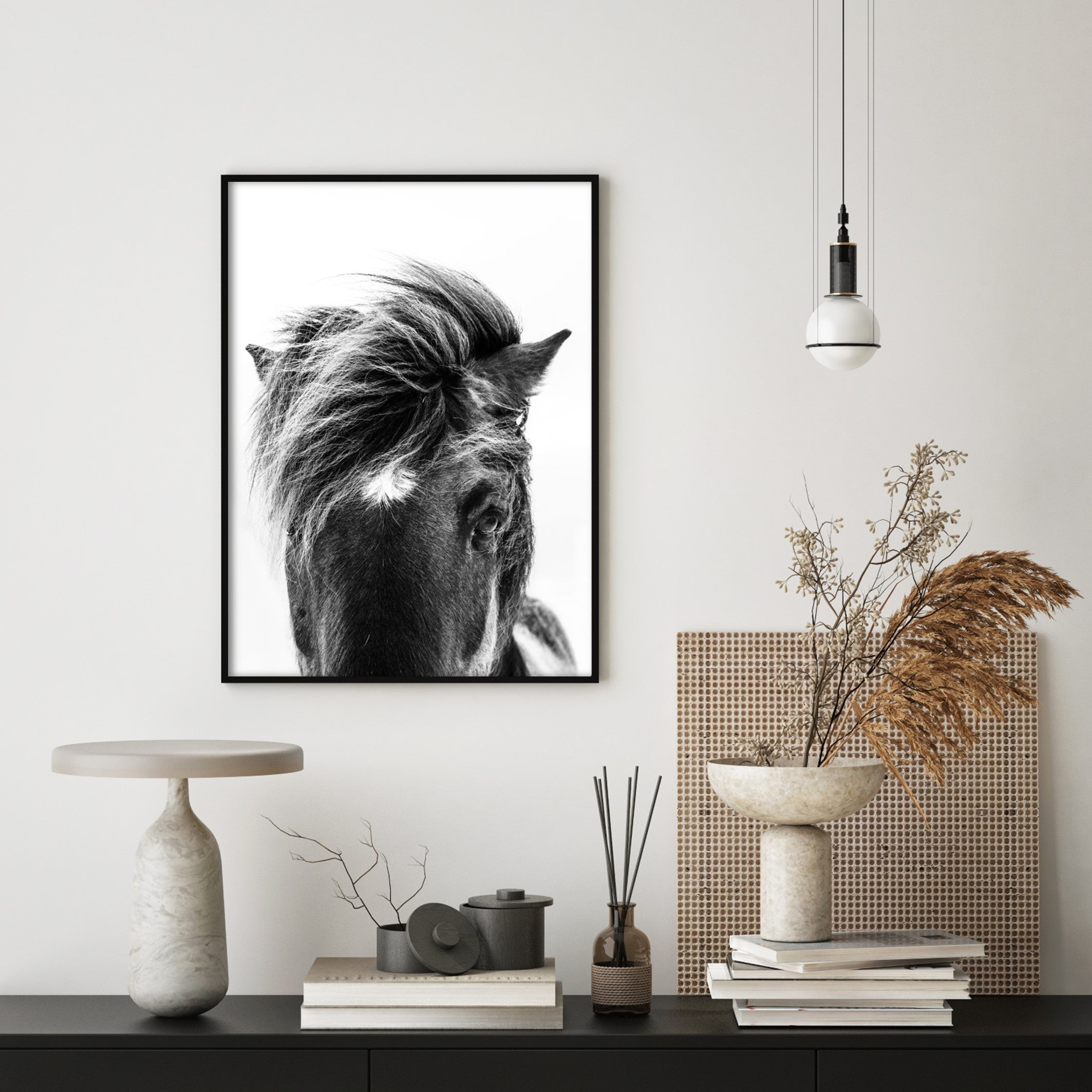 photography wall art of black horse in japandi style home