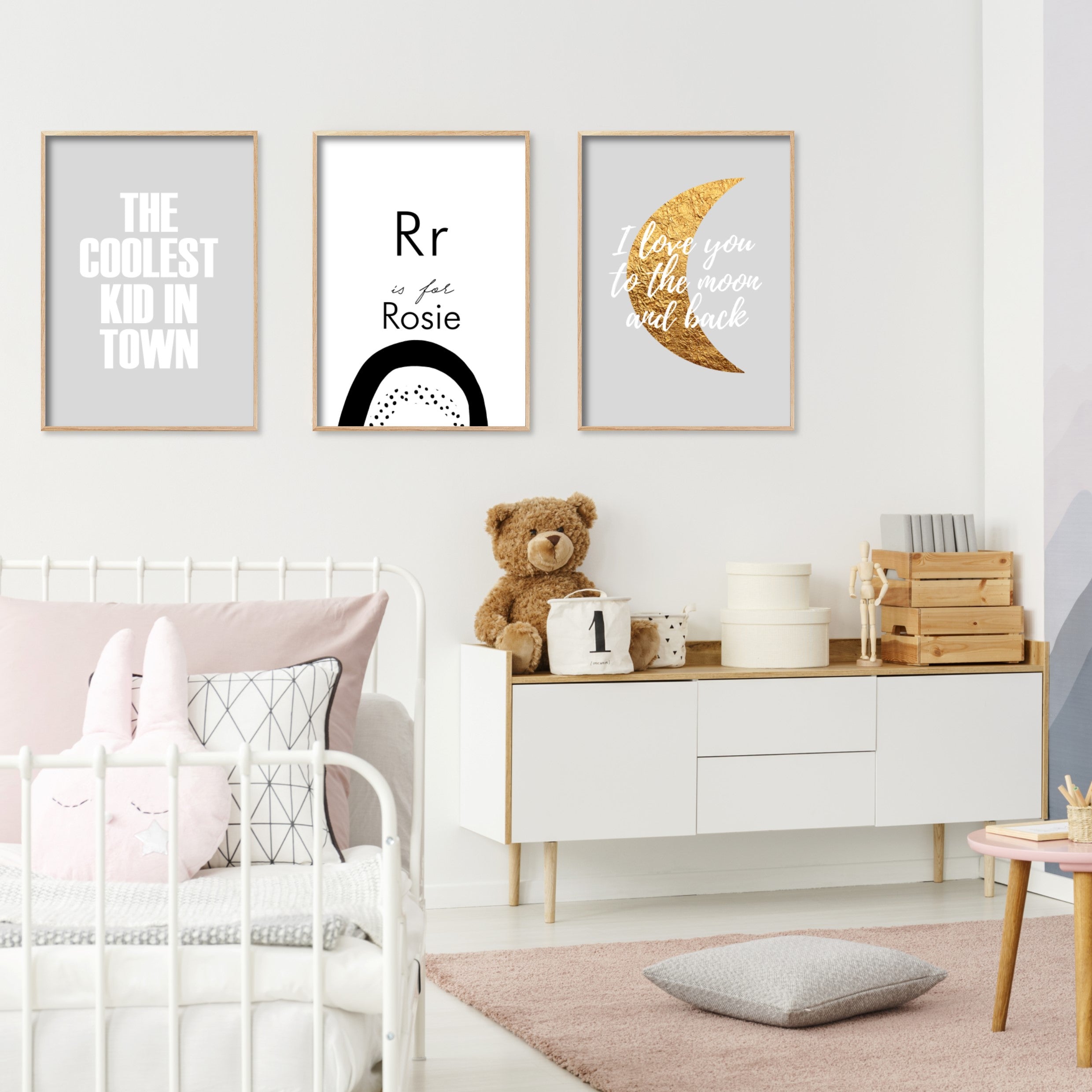 personalised wall art for kids in pretty pink bedroom