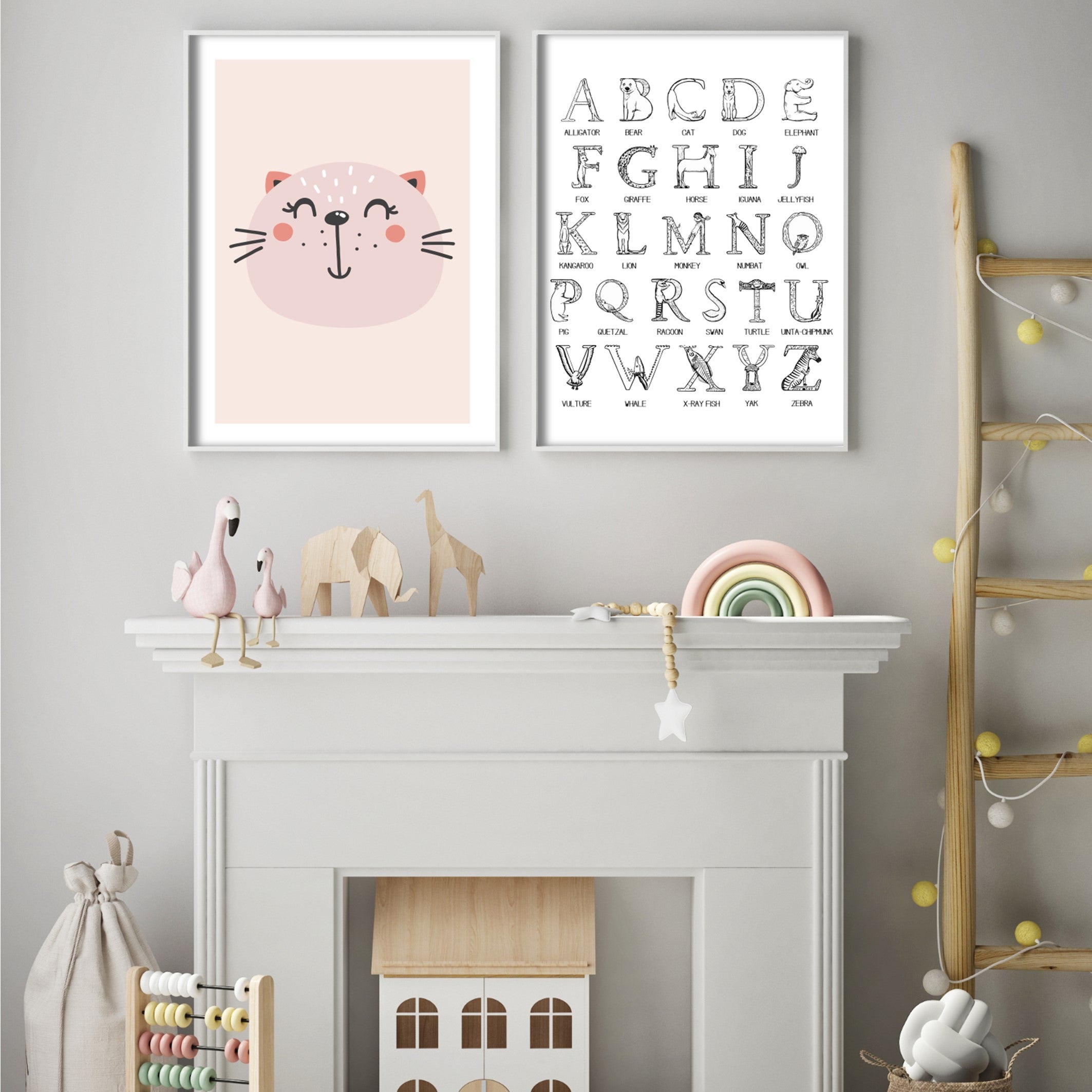 pink cute wall art of abstract cat in kids play room