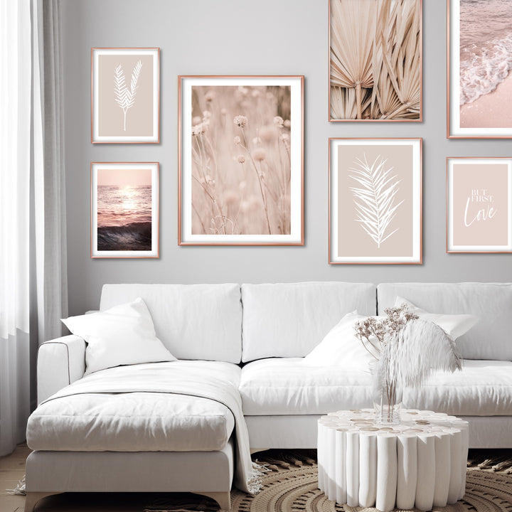 Print poster wall art white leaves in pink décor living room