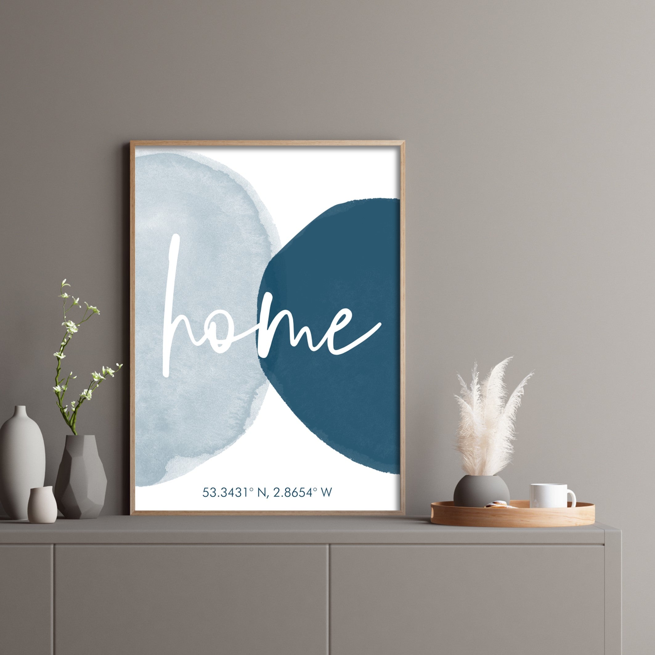 Dark and light blue water coloured personalised Poster in a living room setting