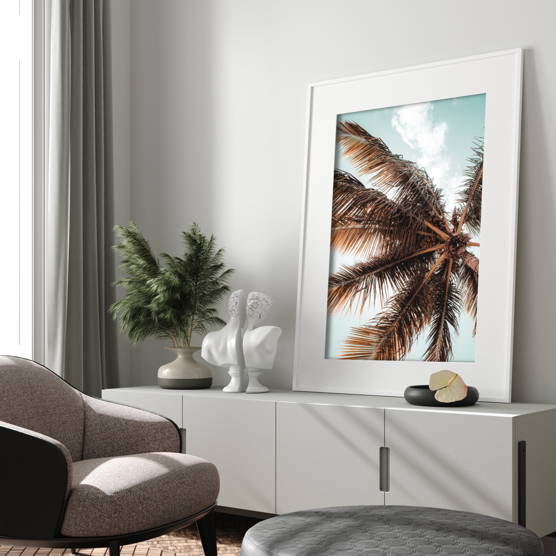 wall art of golden palm tree in neutral living room