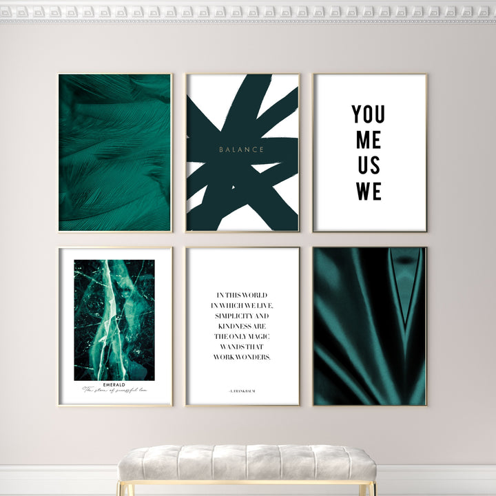 green white and black gallery wall posters in gold poster frames