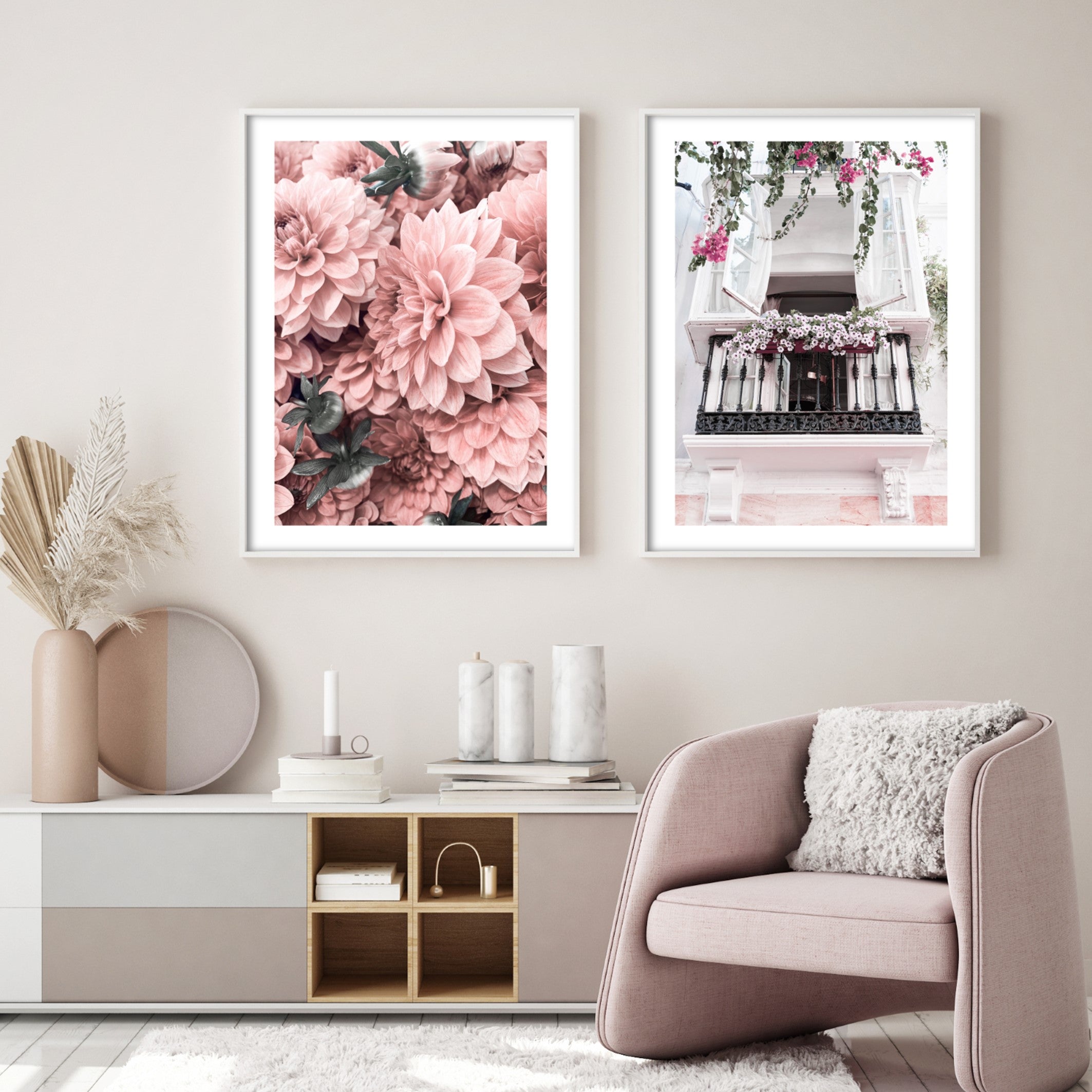 pink wall art posters with modern furniture