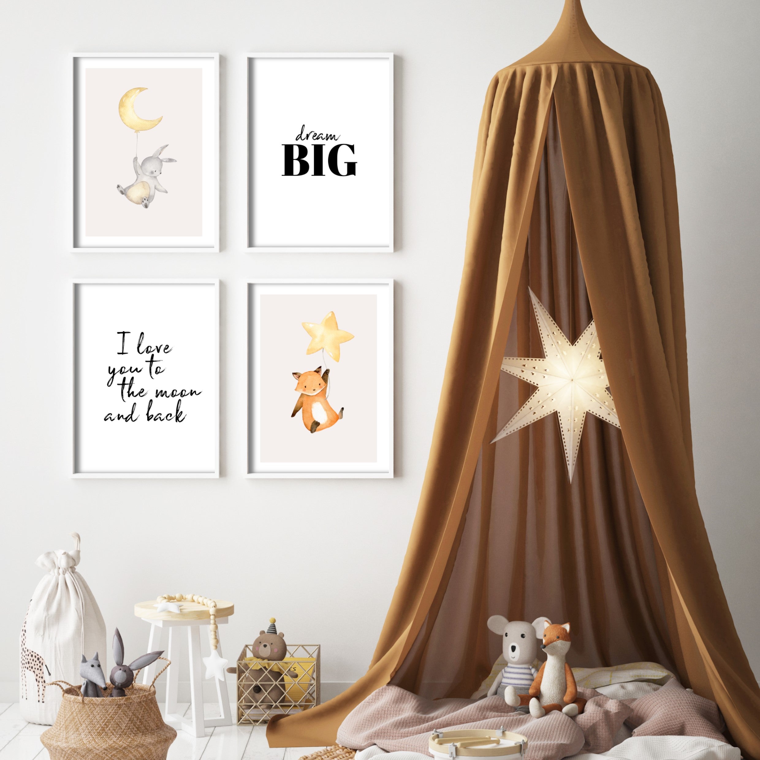 cute kids prints in a boho play room with brown tipi