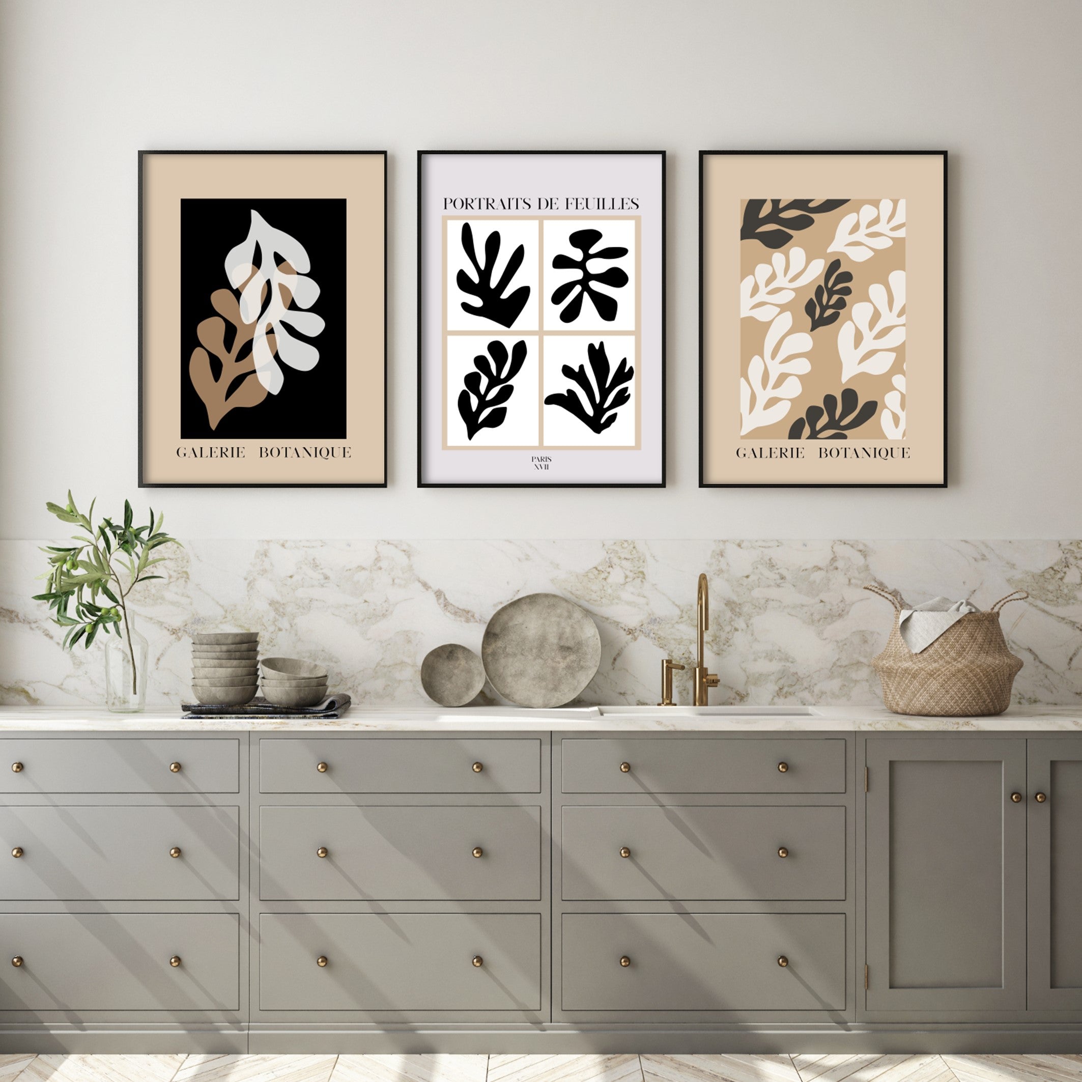 Kitchen Gallery Wall of Matisse inspired prints in modern black wood poster frames