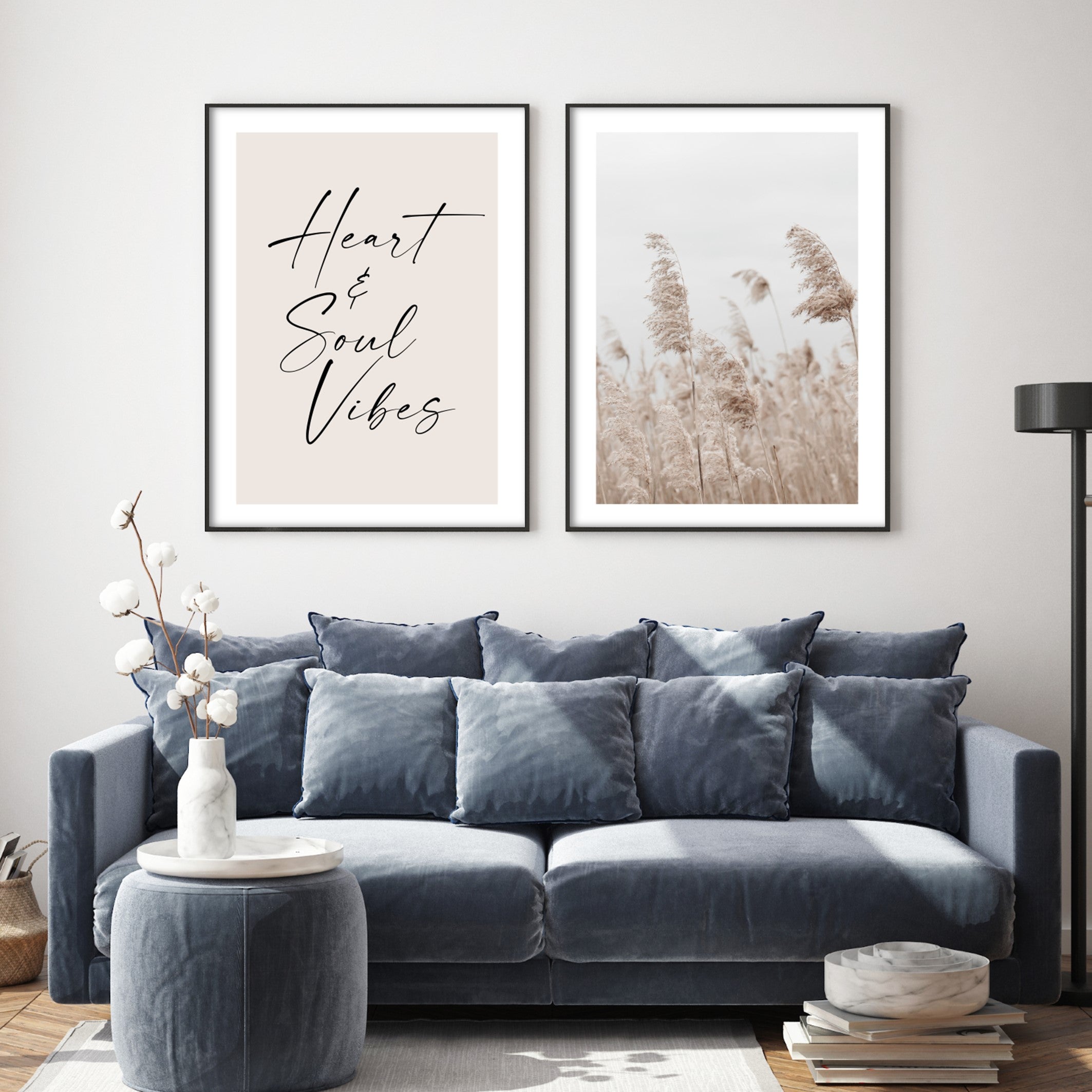 pampas wall art in blue living room