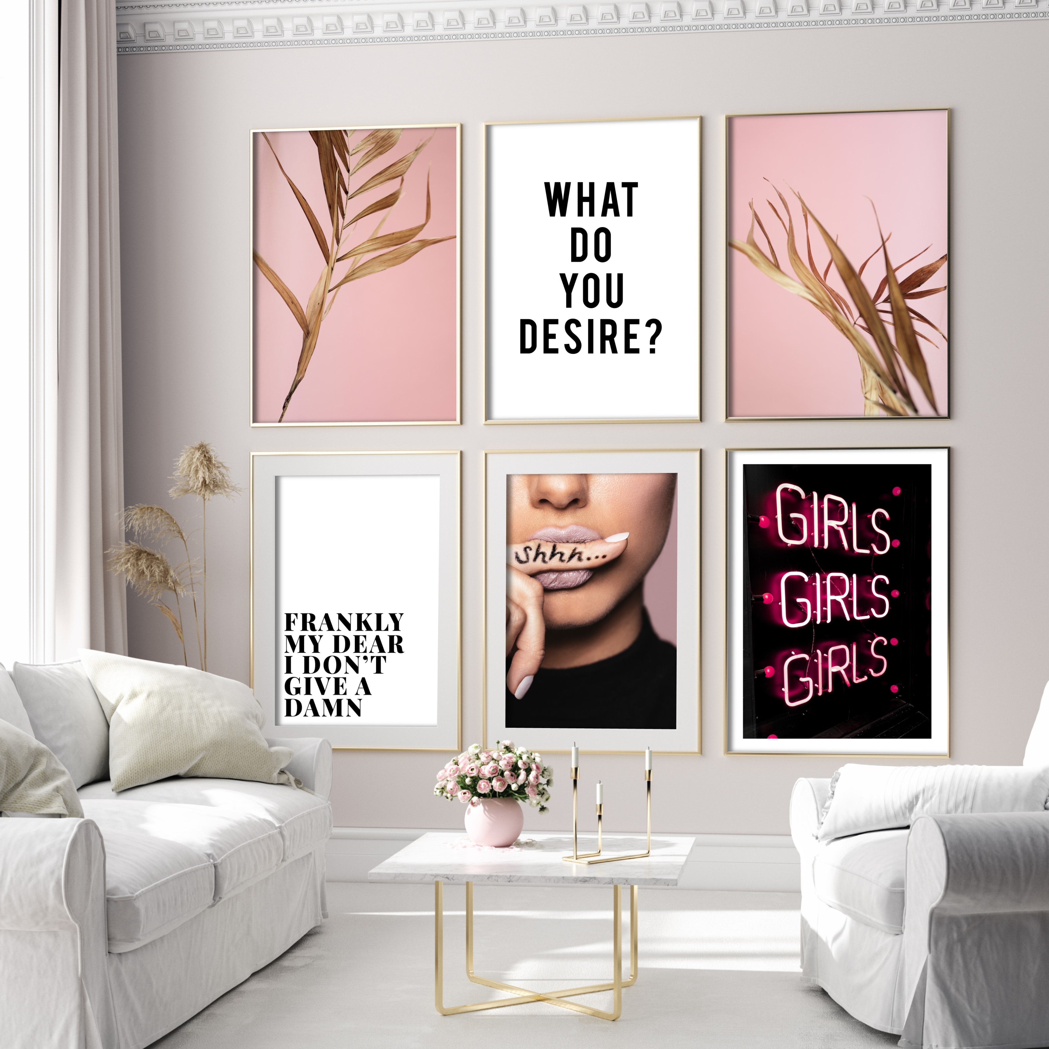 Modern Gallery Wall of Pink Female Empowering Posters in gold poster frames