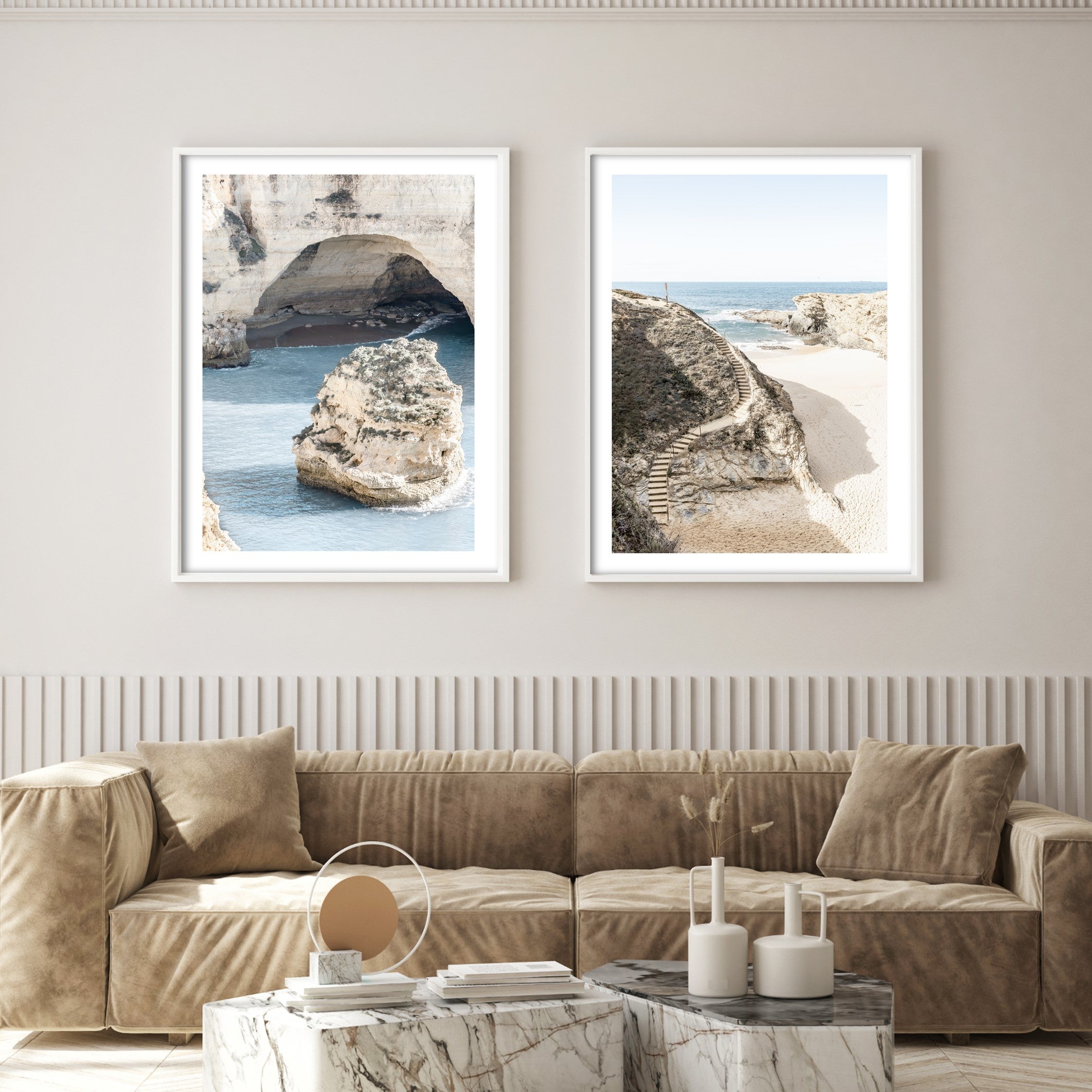 beach themed wall art in neutral living room