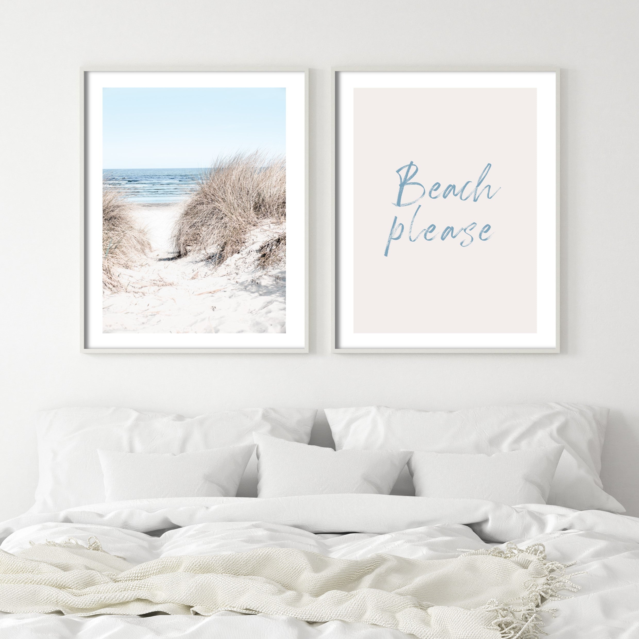 beach themed posters in white bedroom