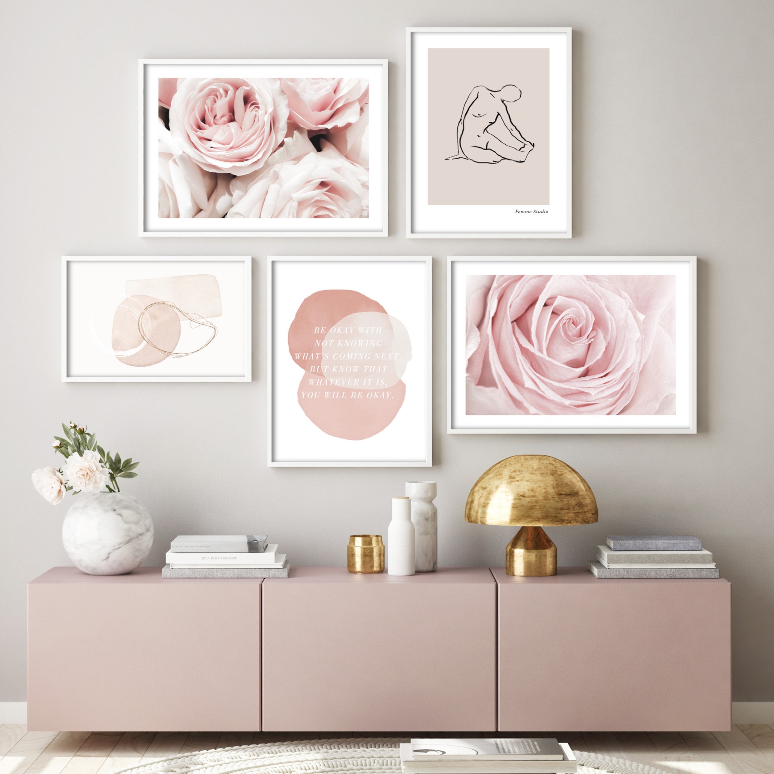 Print of pink roses taken close up in a pink coloured living room