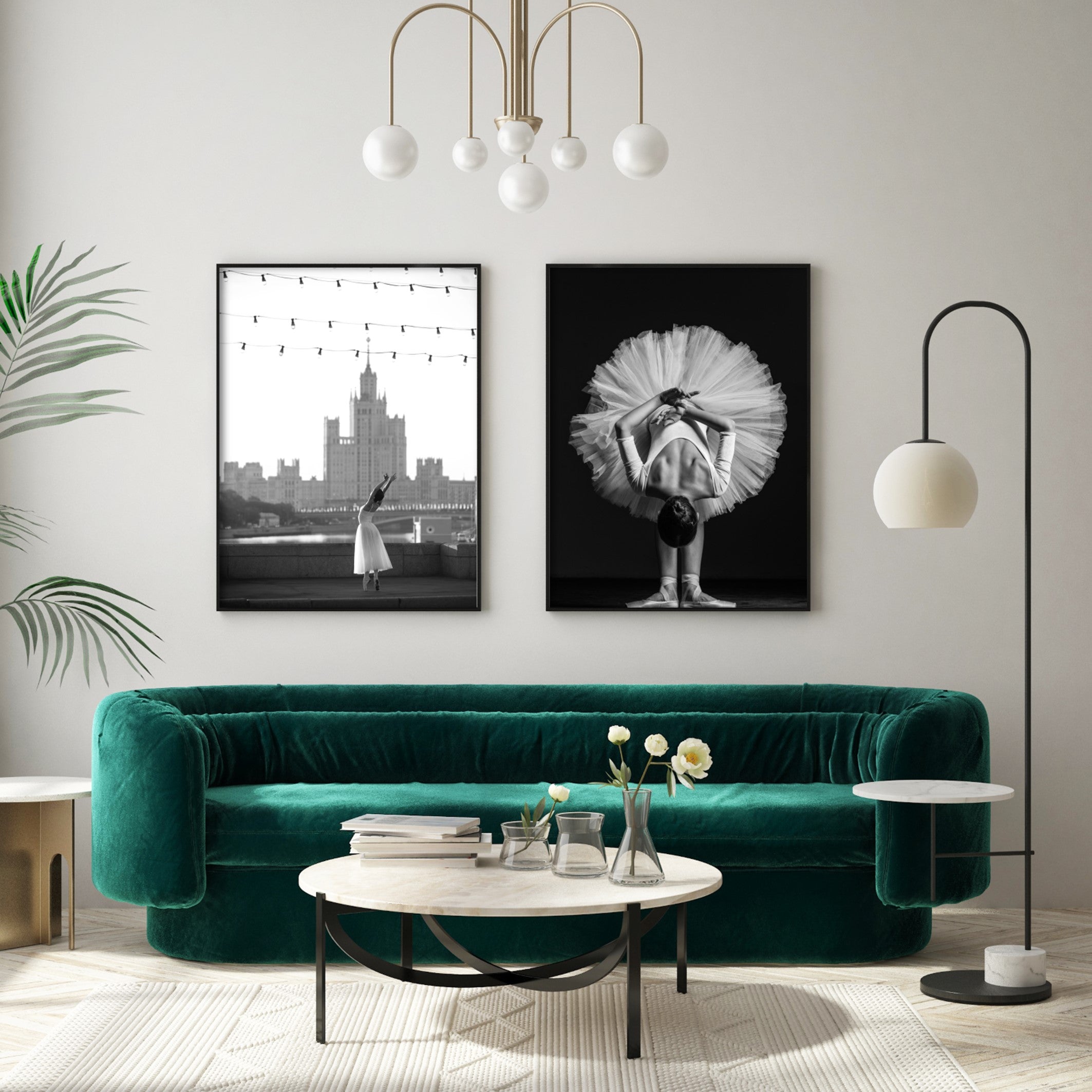 black and white ballet art prints in modern living room