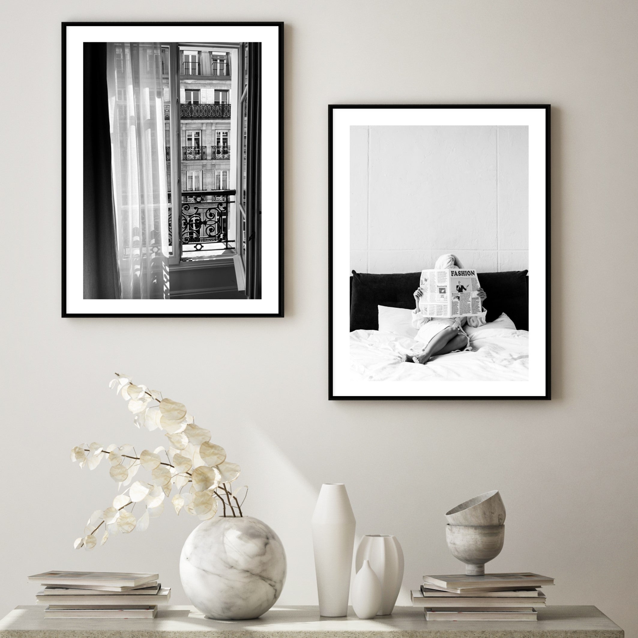 stylish hotel room black and white photography art prints in a grey room