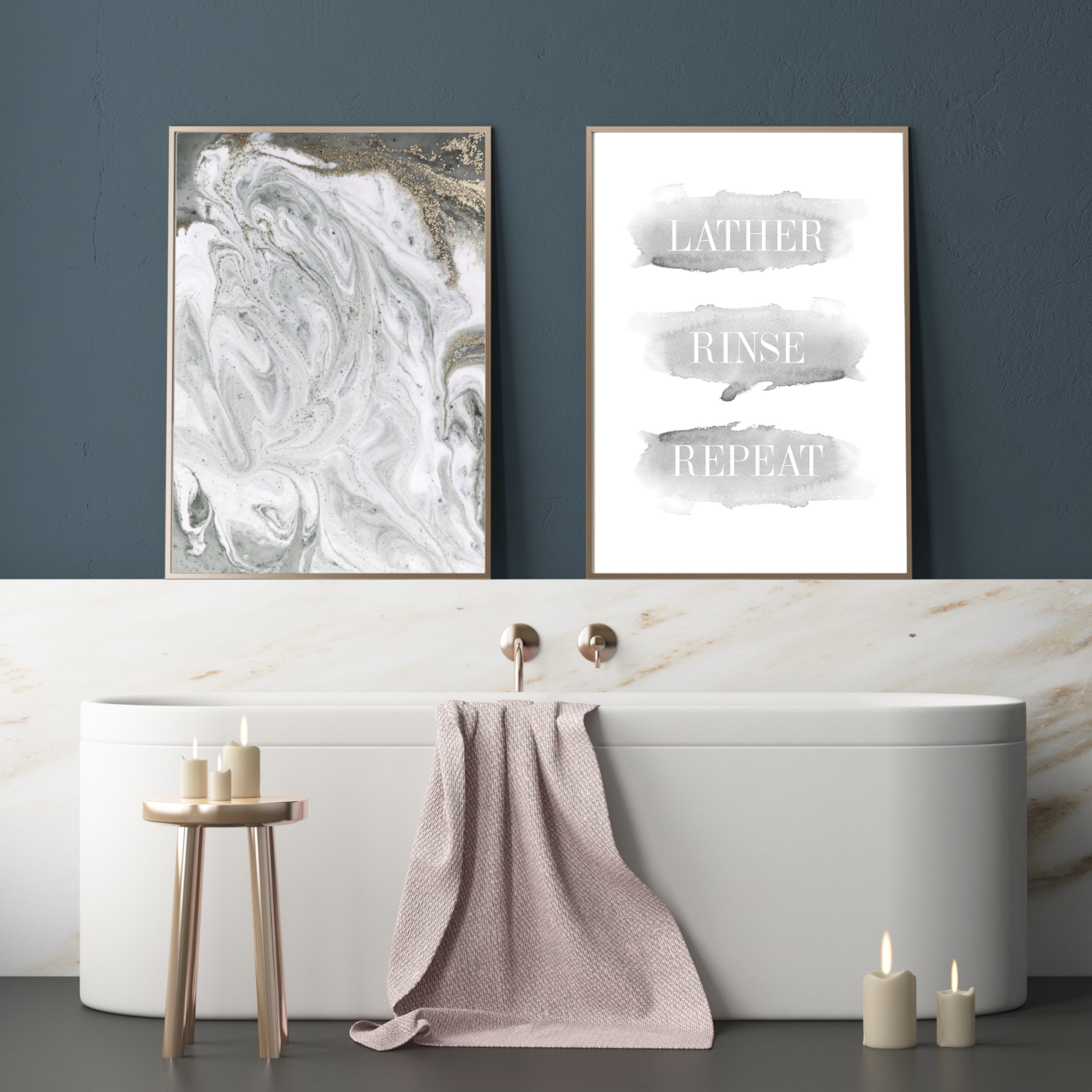 luxury grey and gold wall art in modern bathroom