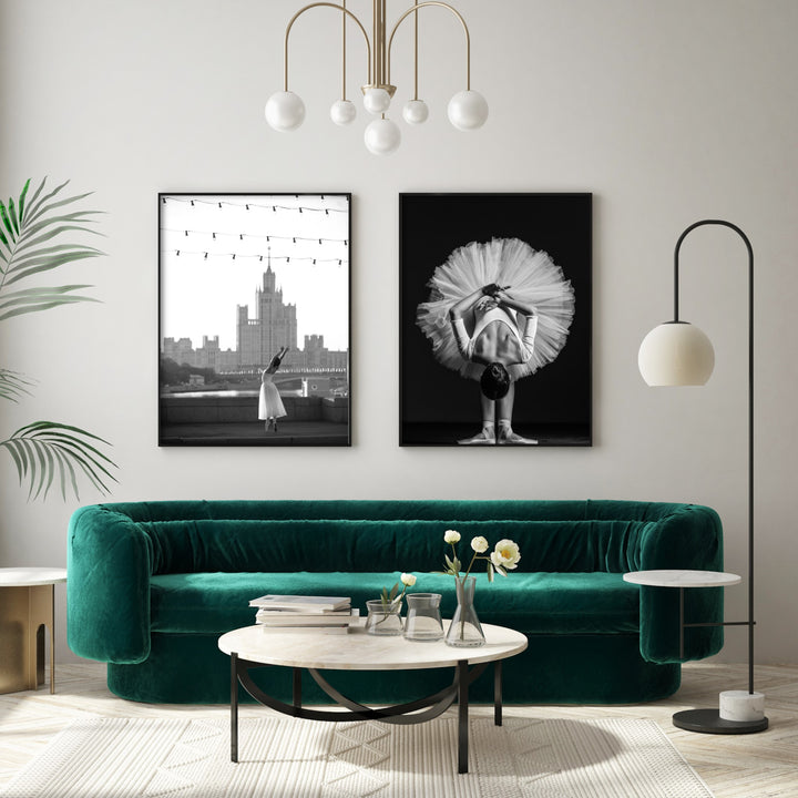 black and white ballet poster in modern home