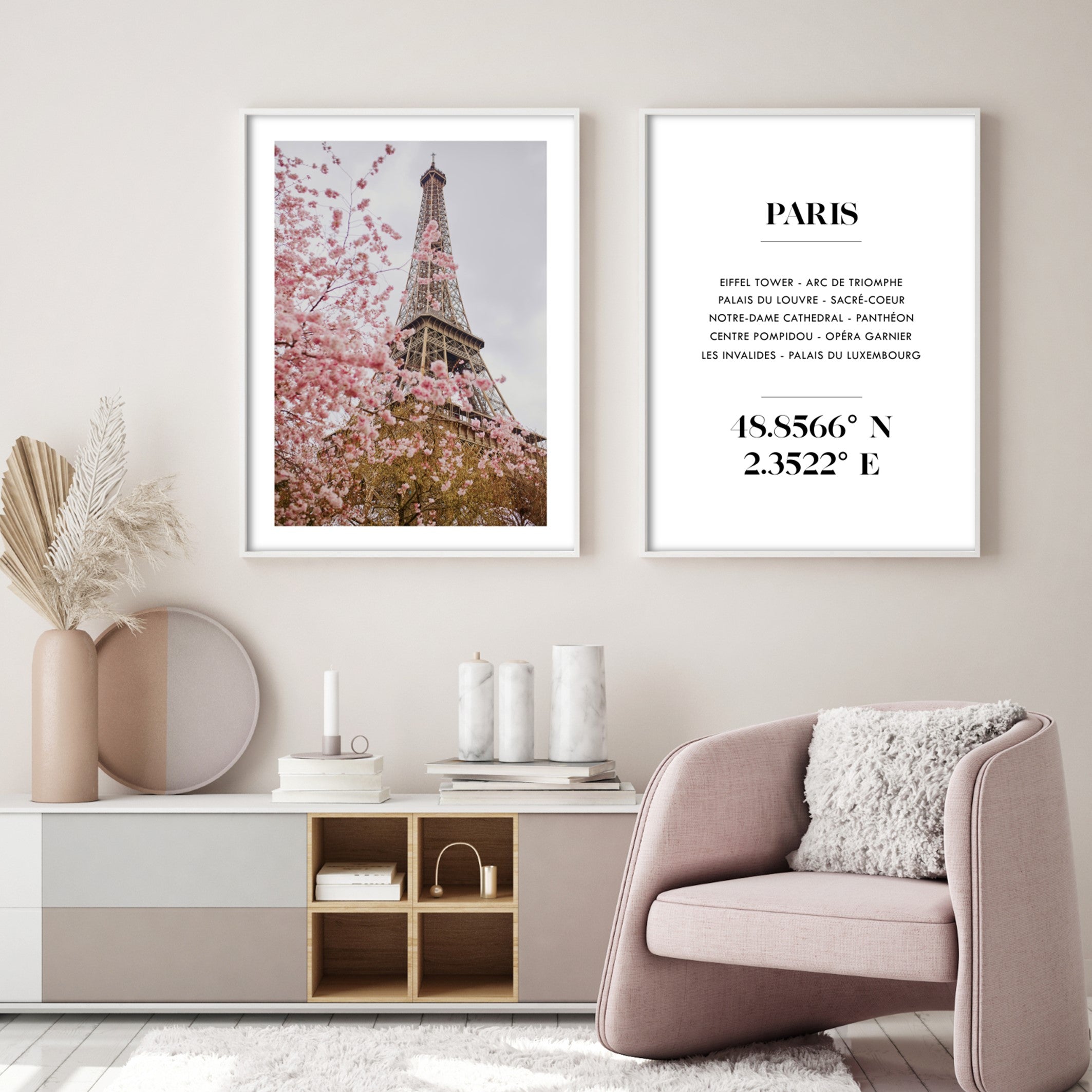 Typography Print of Paris and Landmarks in a Pink sitting area