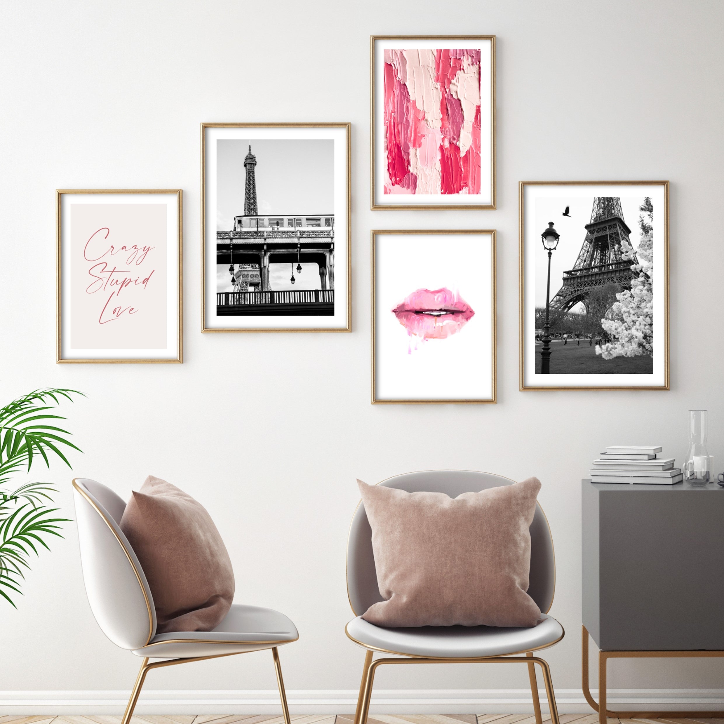 pink oil paint wall art in gold picture frames