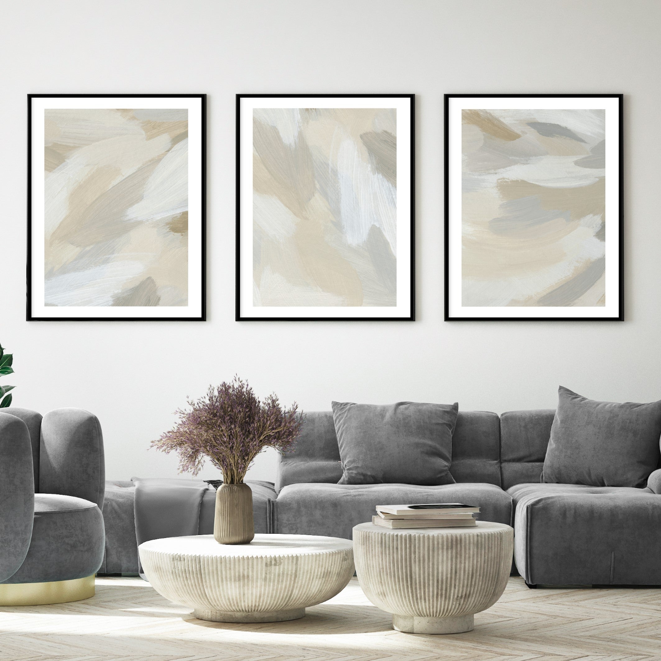 soft neutral wall posters in modern living room