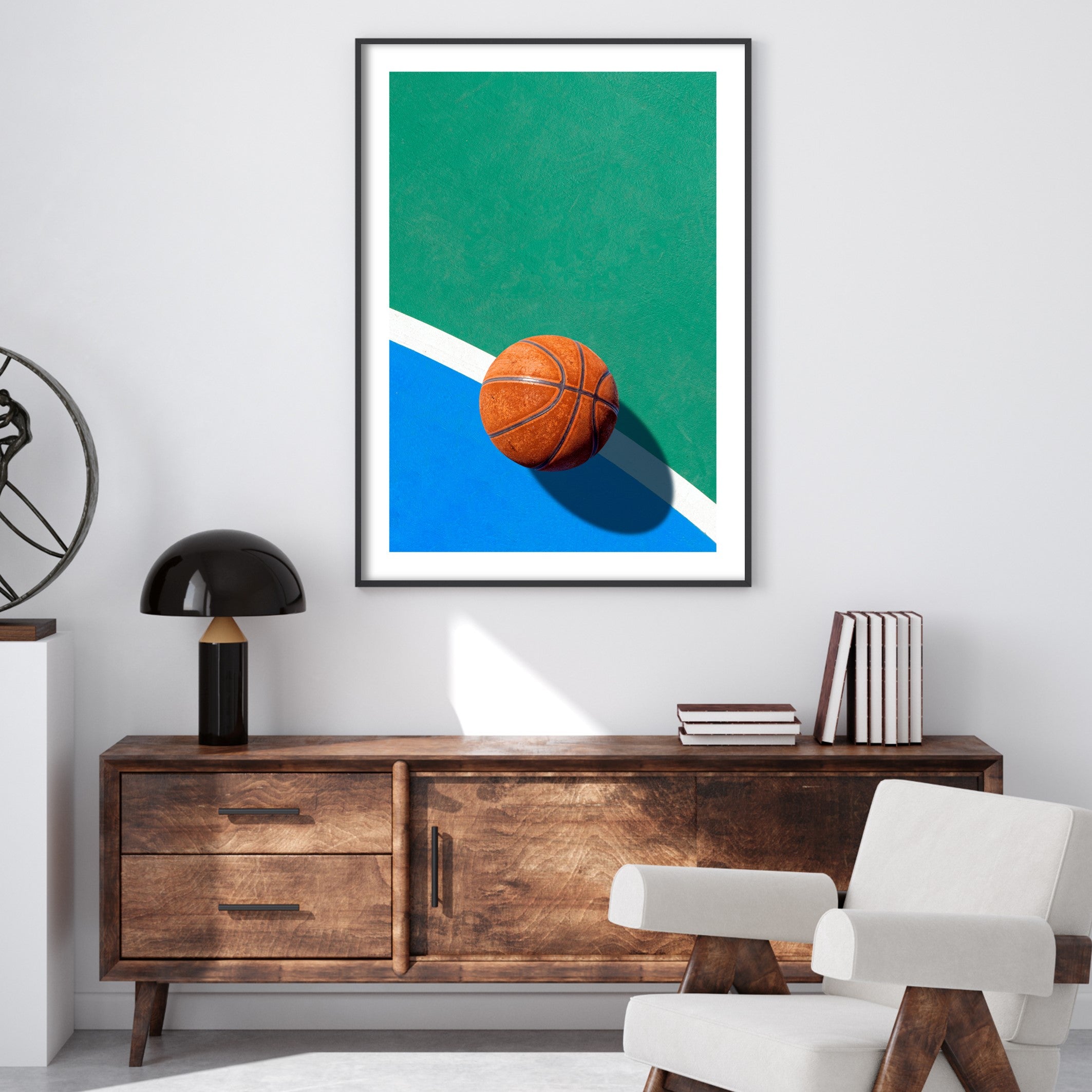 retro basketball wall art in masculine living room