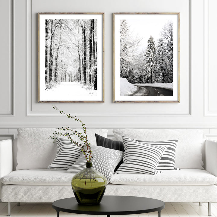 snowy forest winter themed posters in white living room