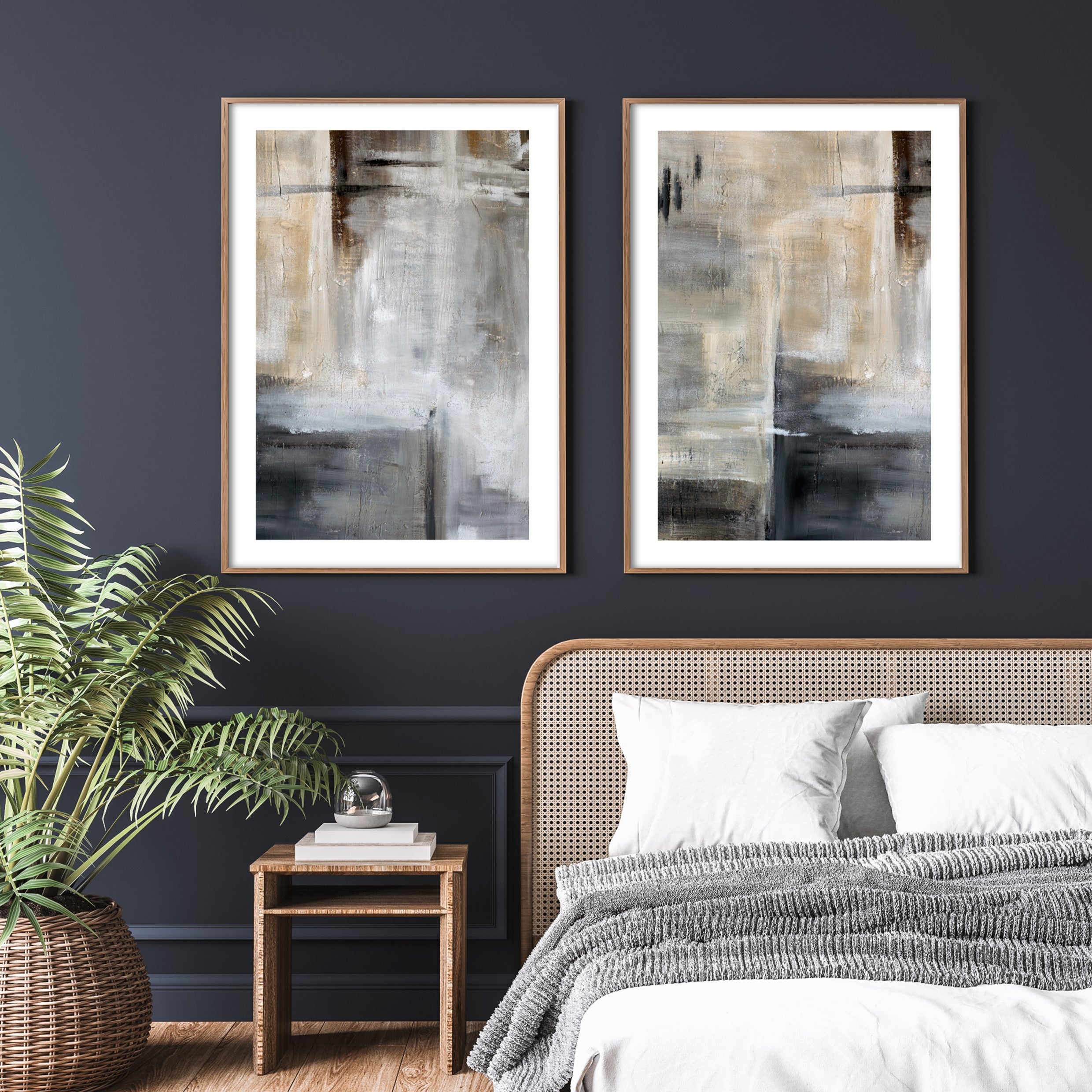 modern wall art print set in dark blue bedroom