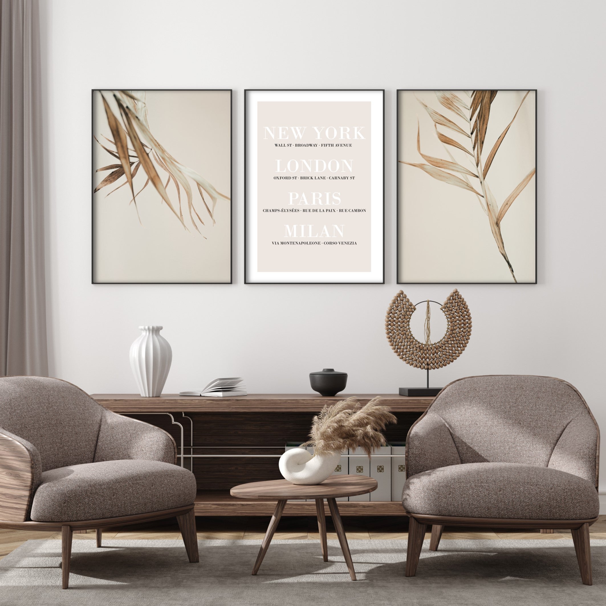 Brown thin leaves standing up on a light brown background print in grey decor living room