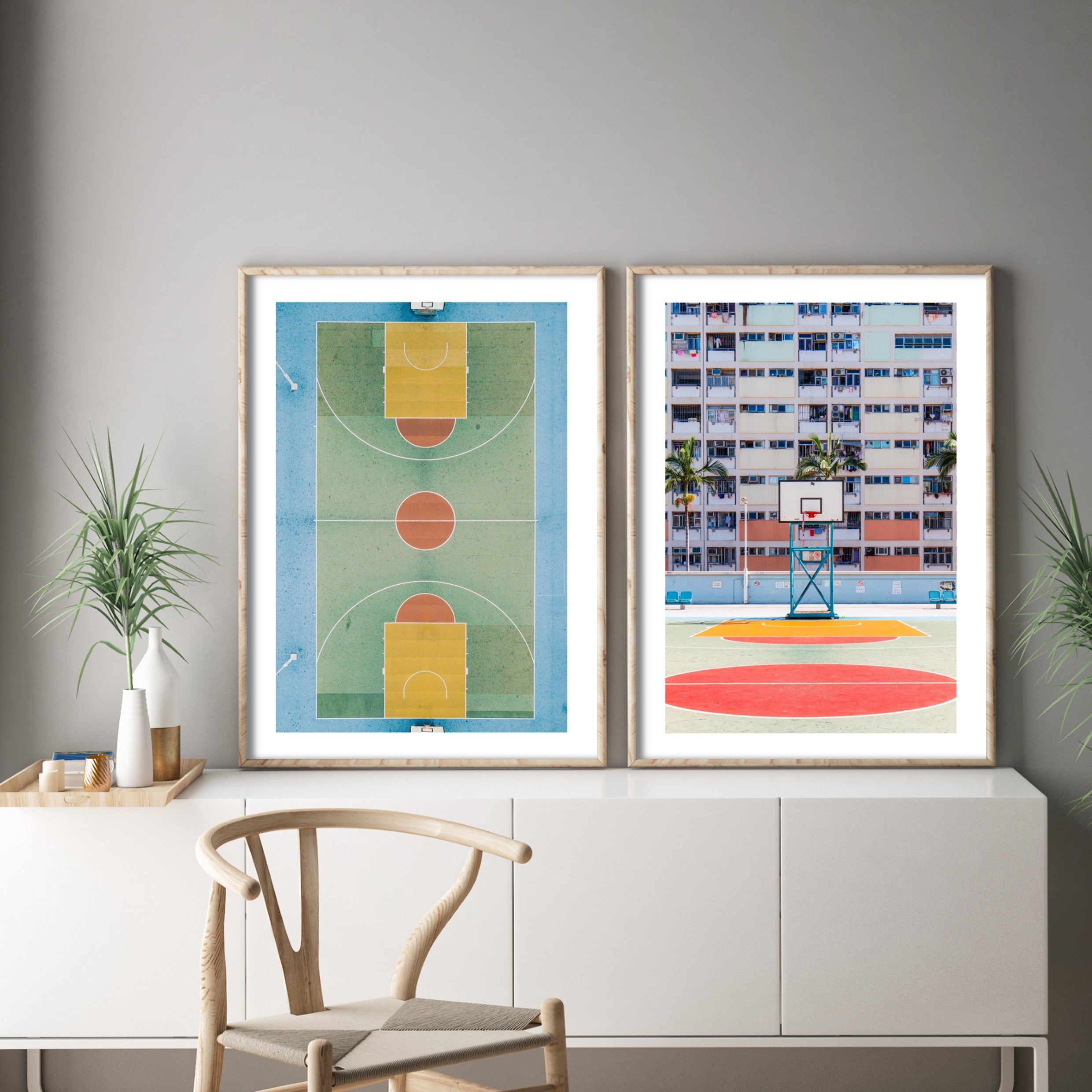 retro basketball prints in scandi living room