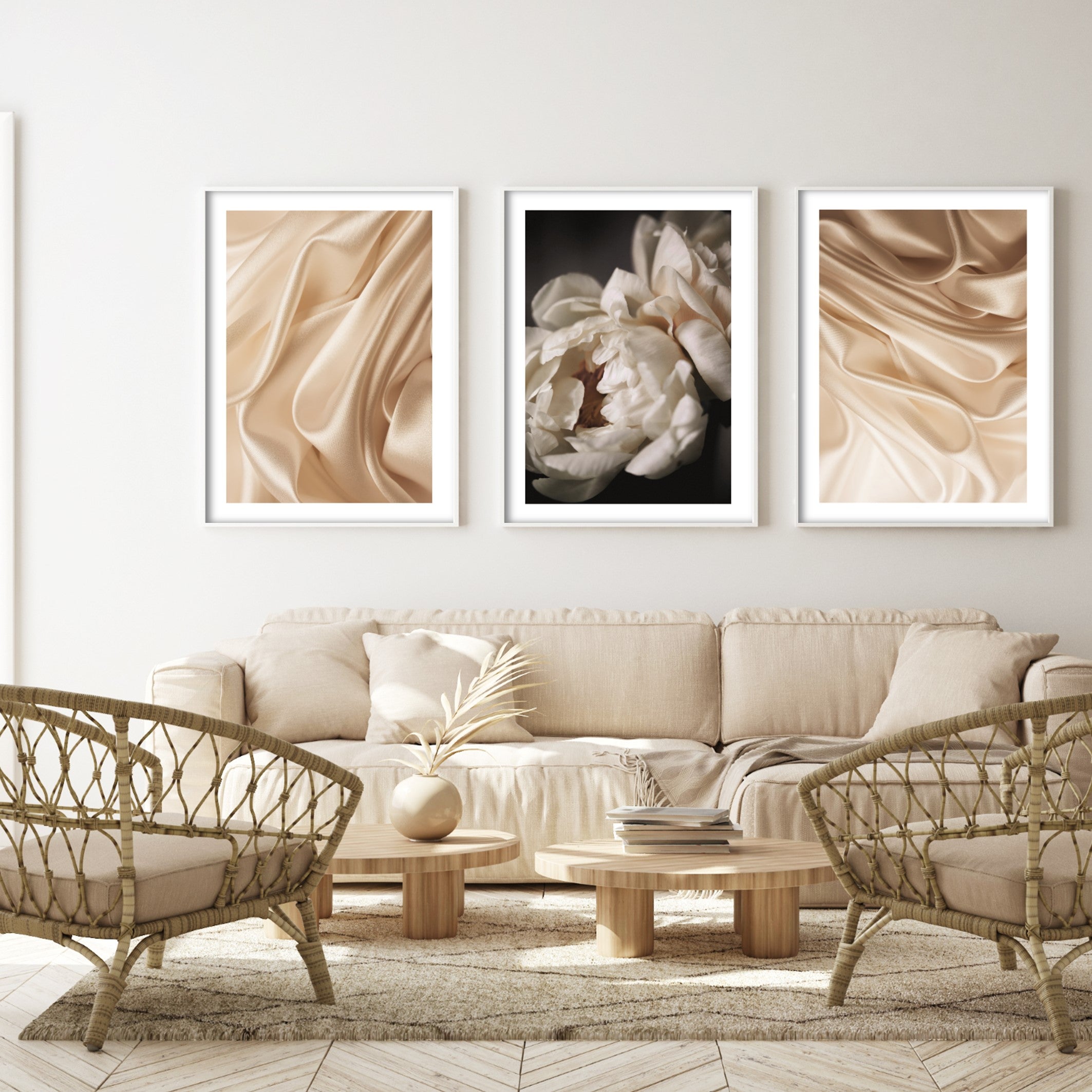 Boho livin room with Beige posters in large A1 white poster frames