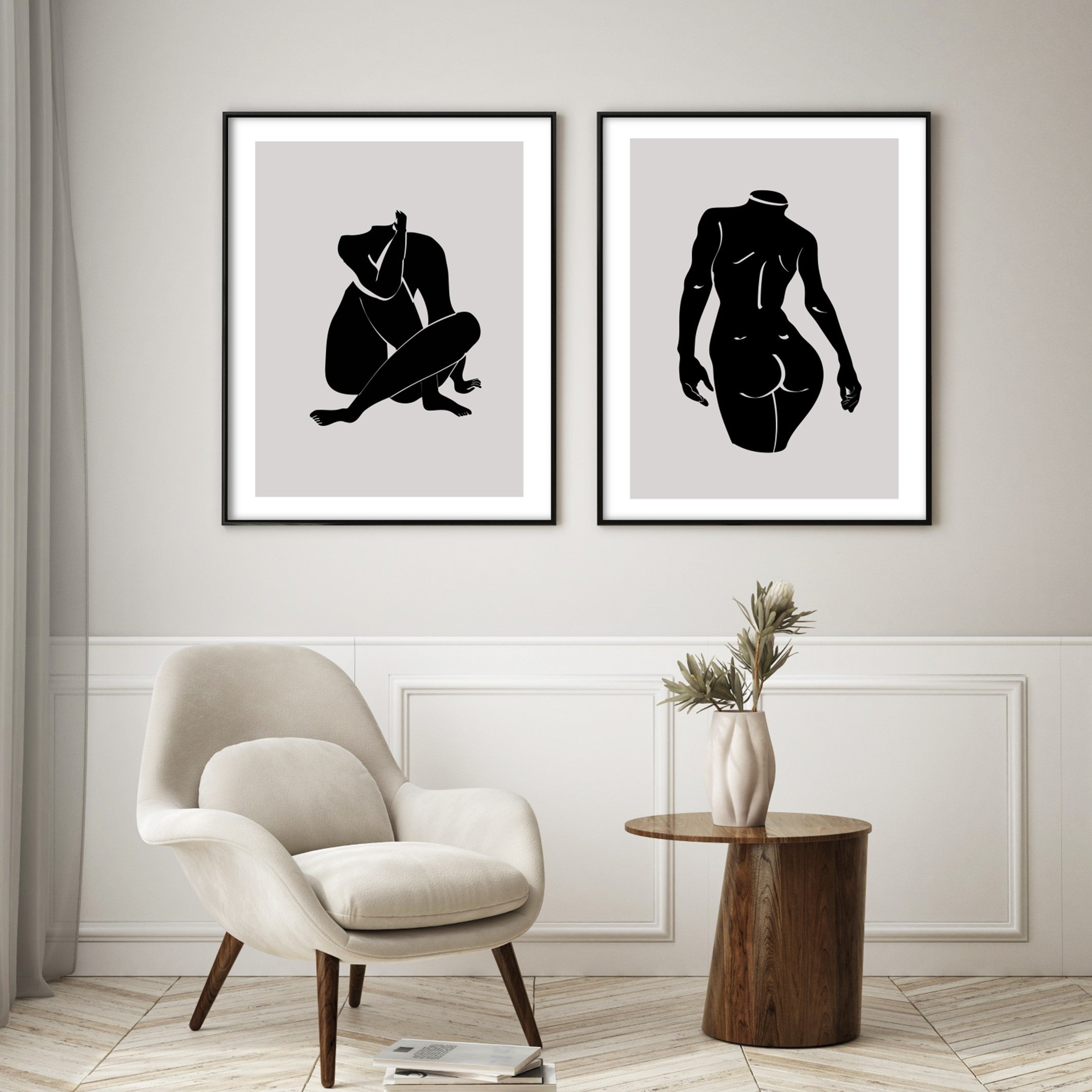 sitting illustrated wall art in modern living room