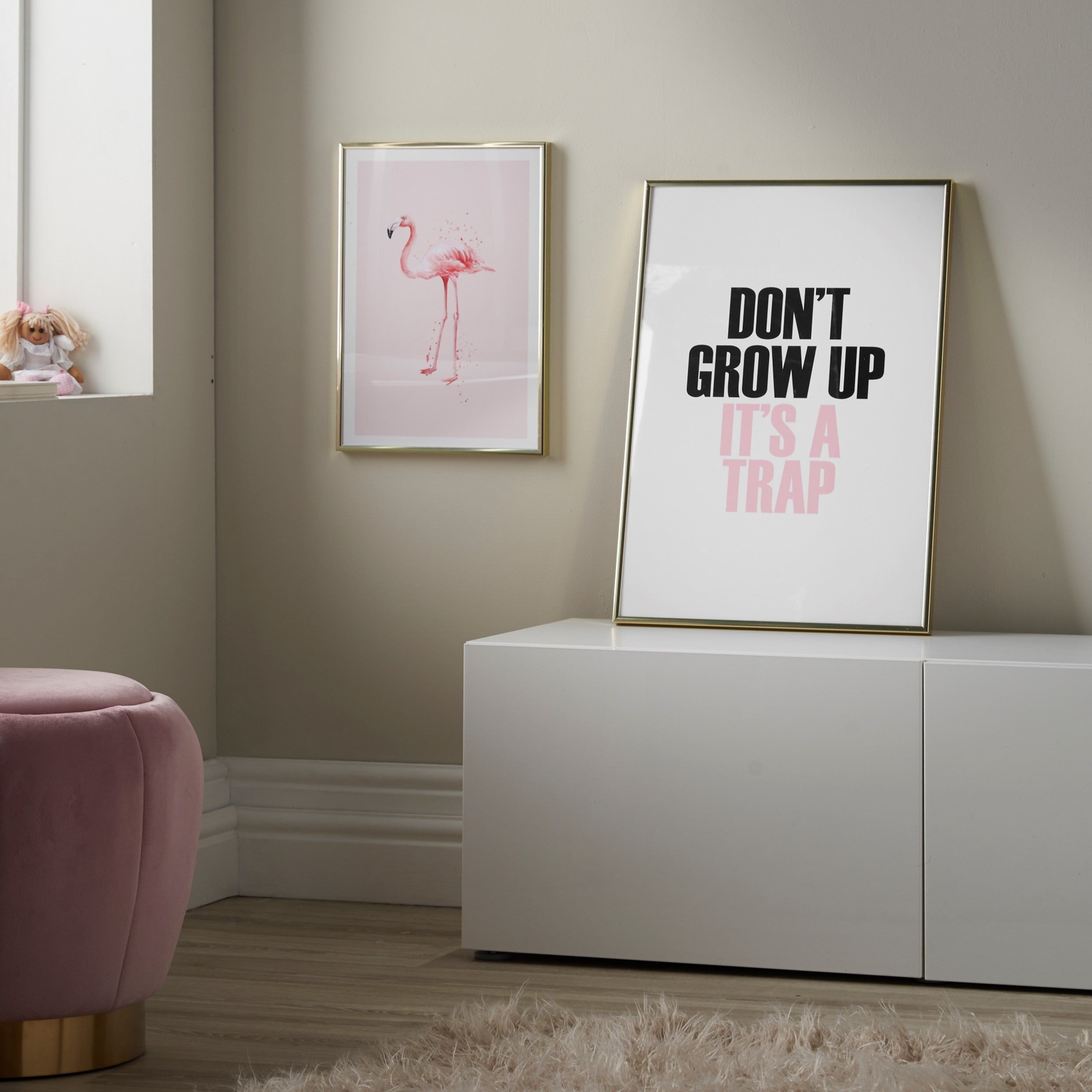 kids flamingo poster in pink bedroom