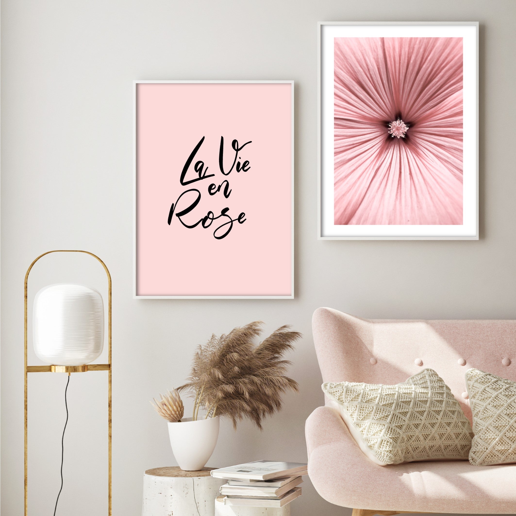 pink wall art posters with white frames