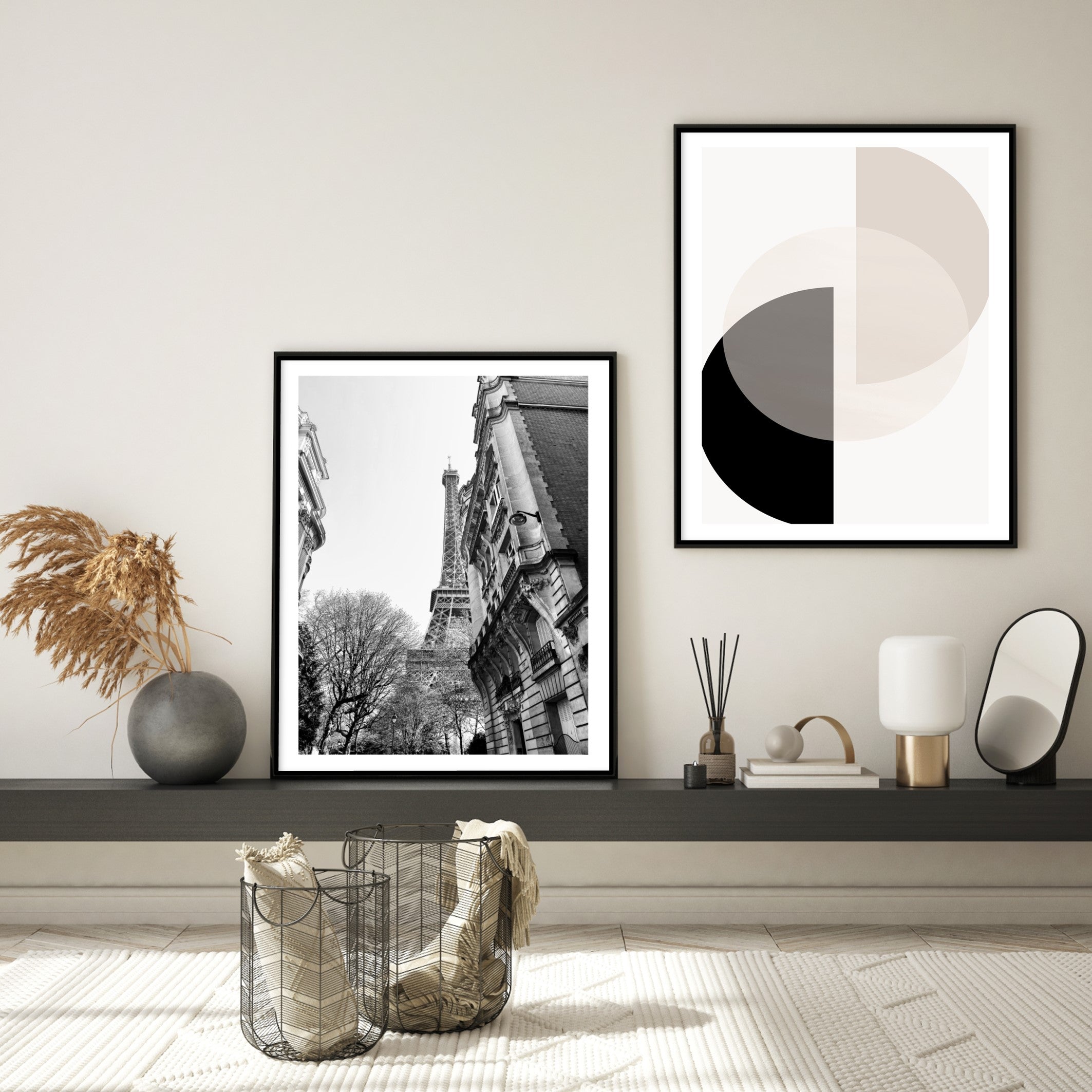 black and nude wall prints in modern scandi style living room