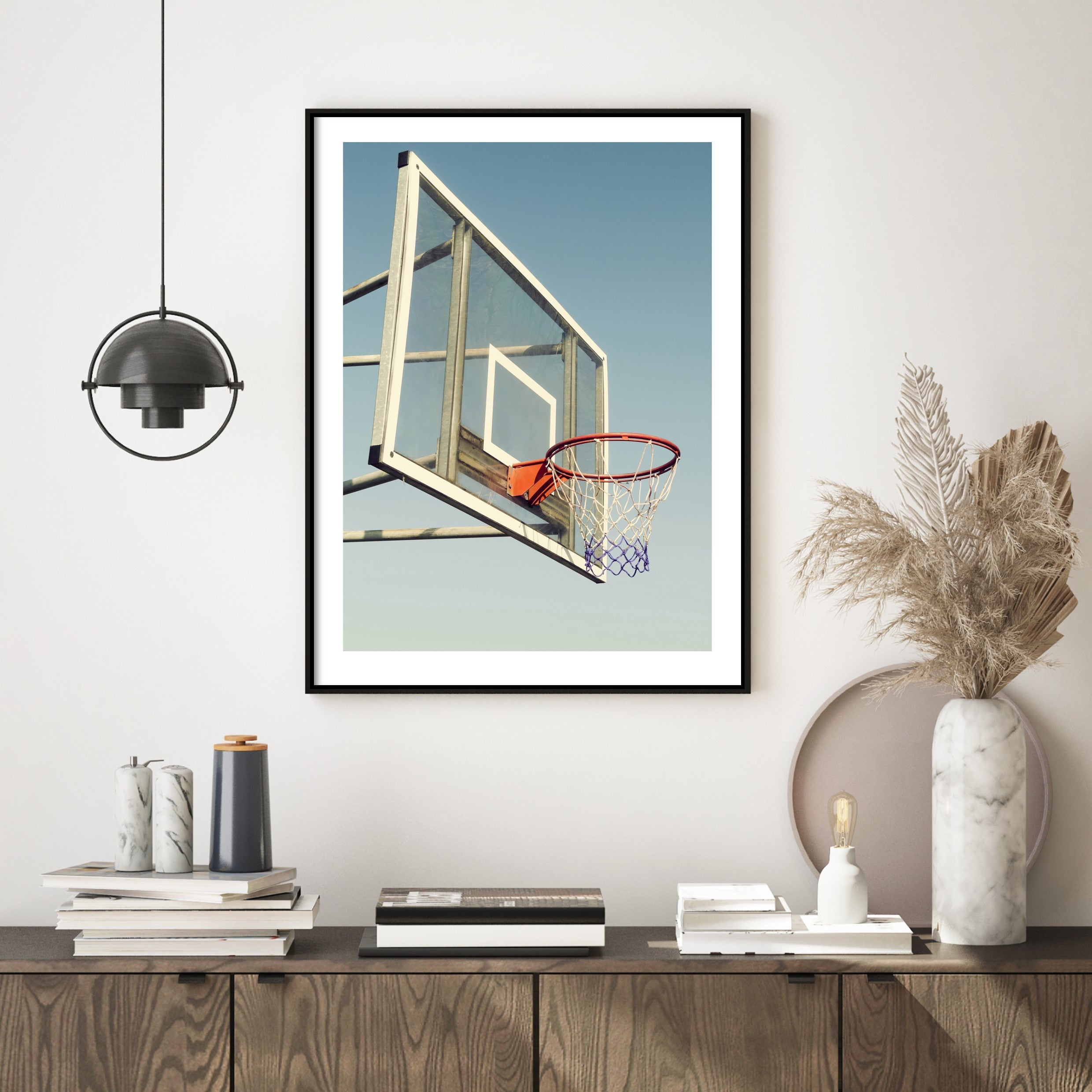 photography wall art of basketball net in modern home office