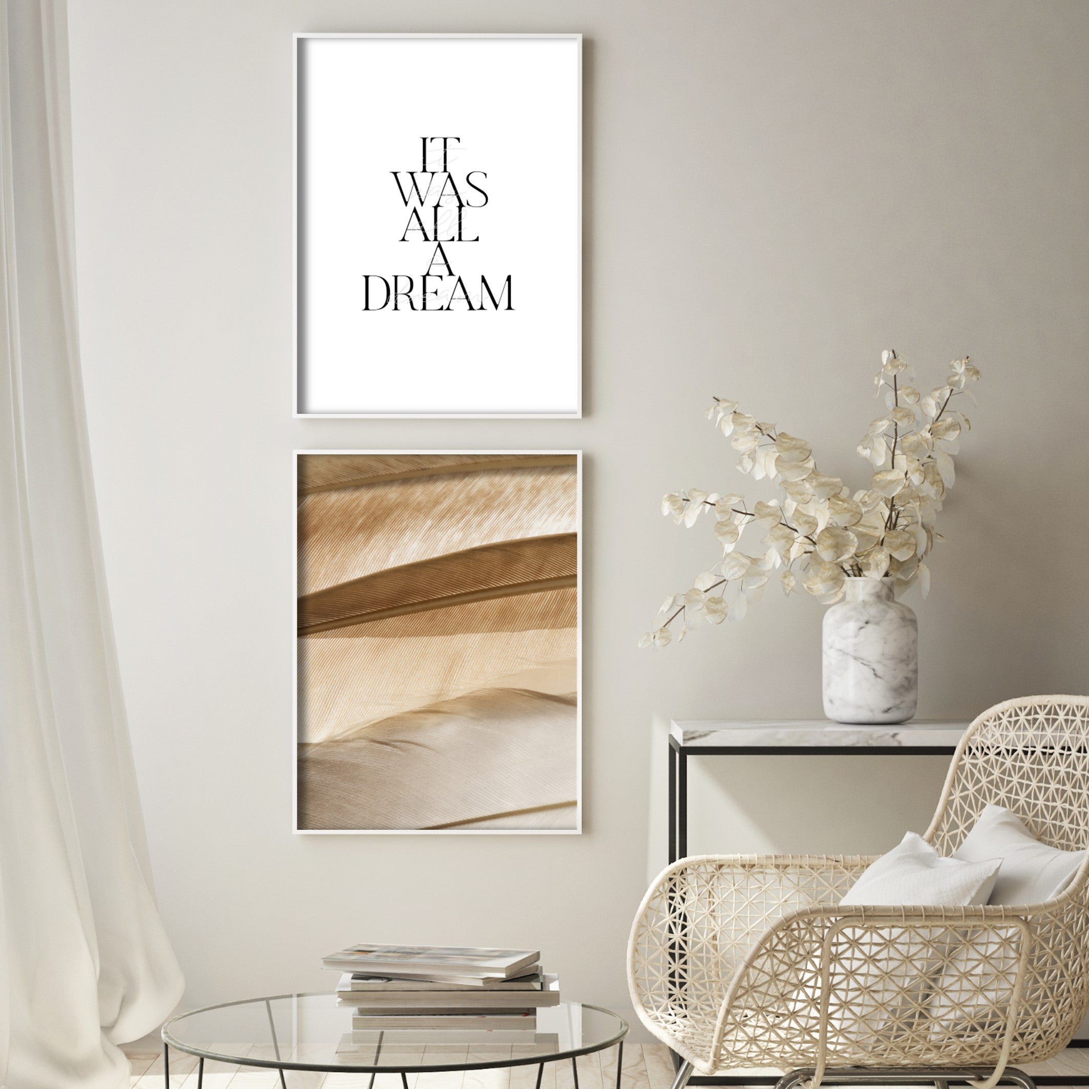 boho decor room with two wall art posters in modern designs and white poster frames