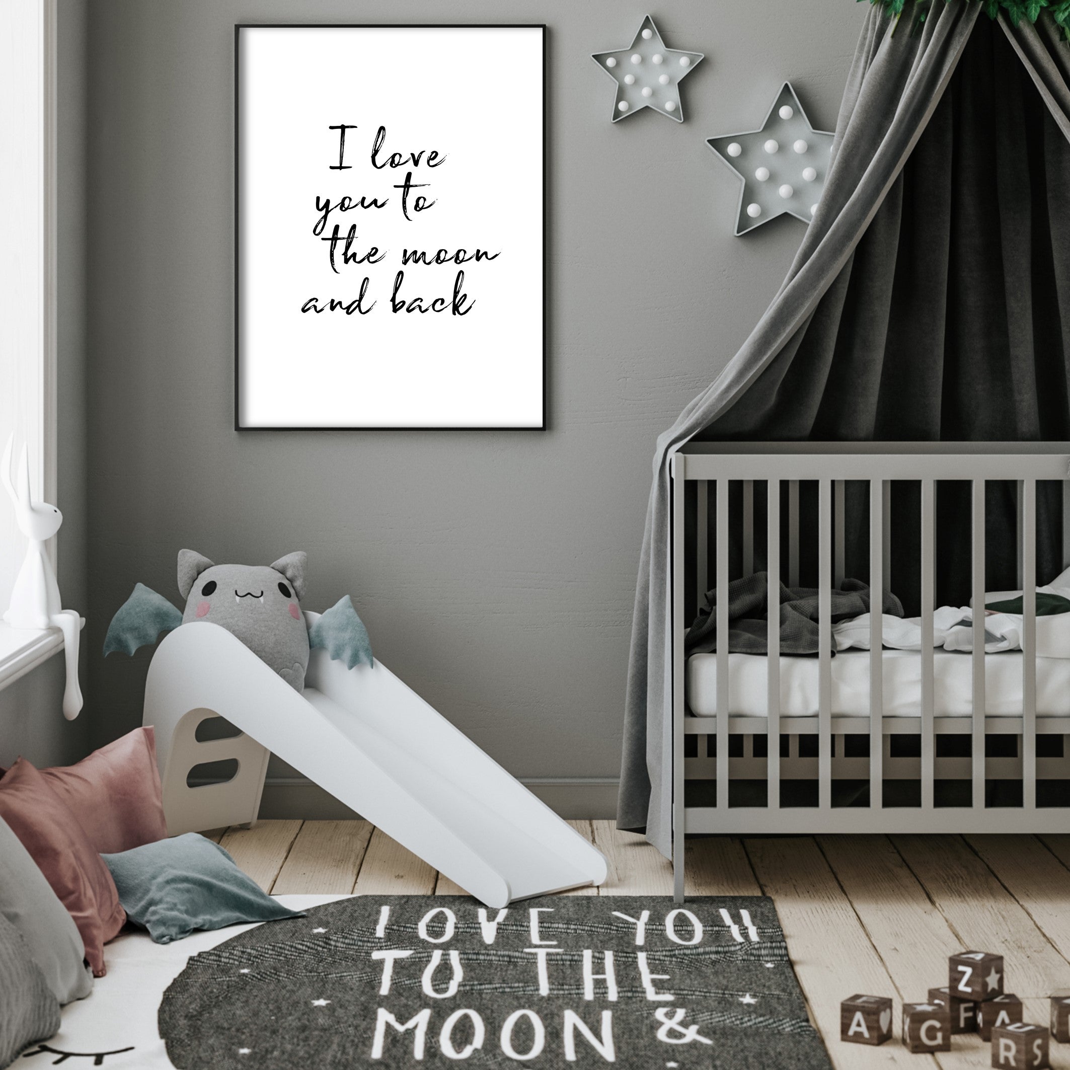 i love you to the moon and back poster in kids bedroom