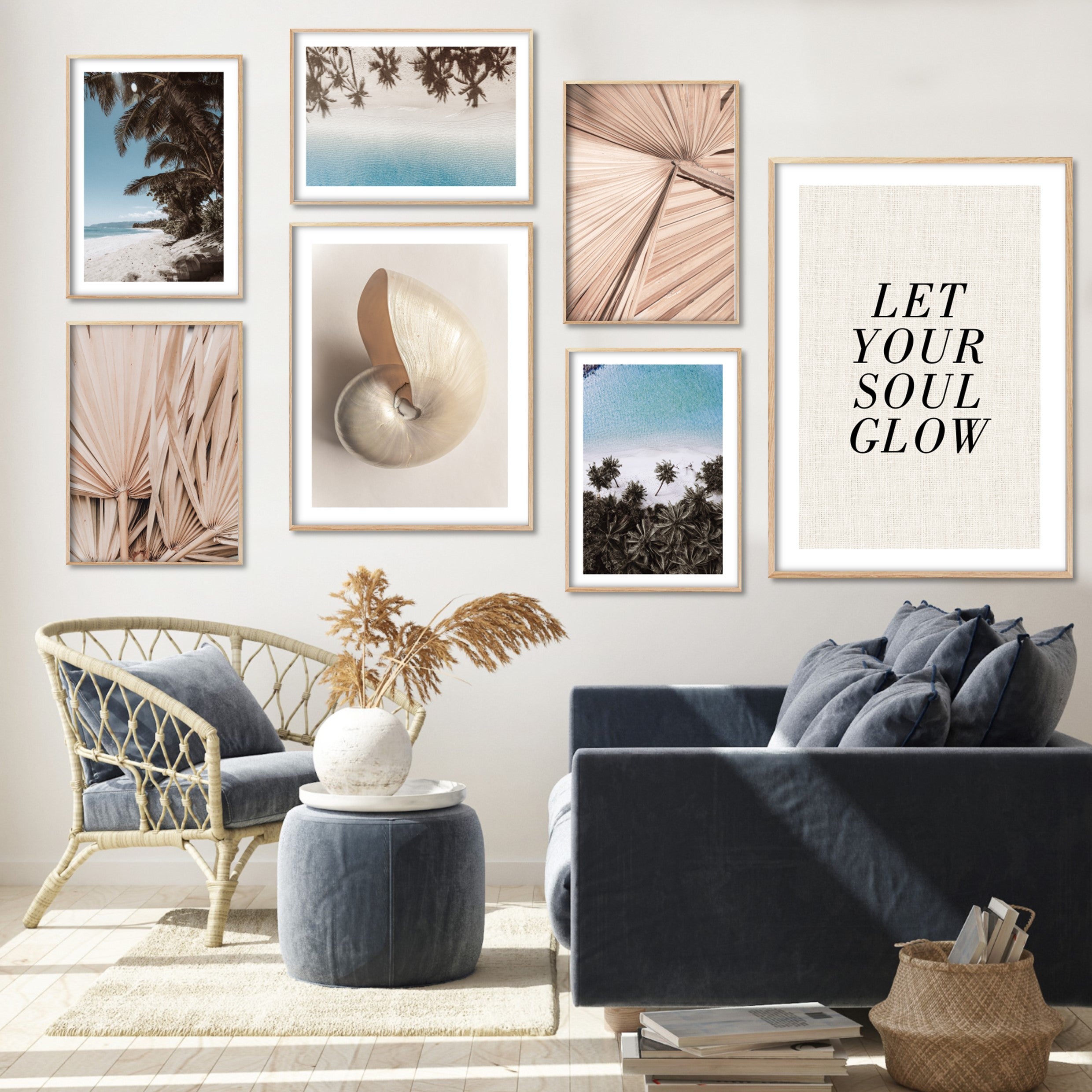 beach inspired prints in natural oak frames