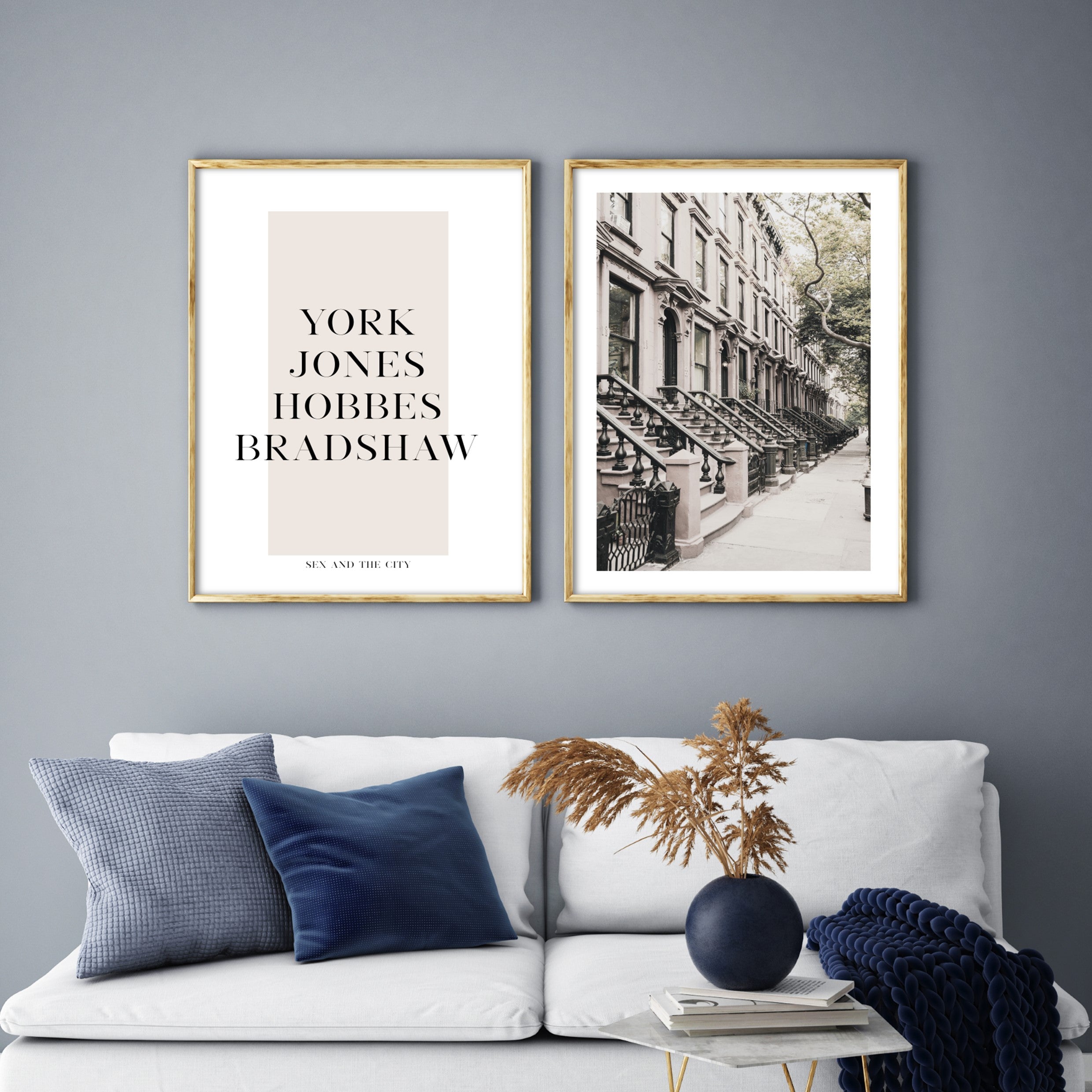 manhattan print in blue living room