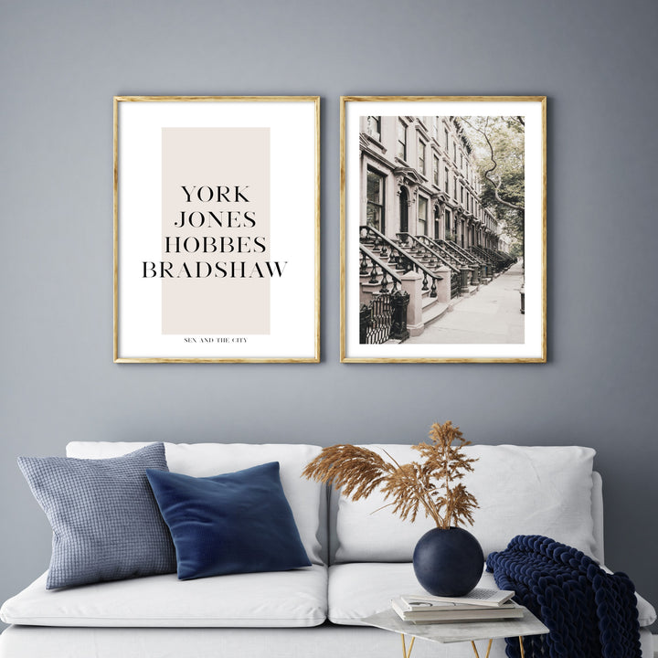 manhattan print in blue living room