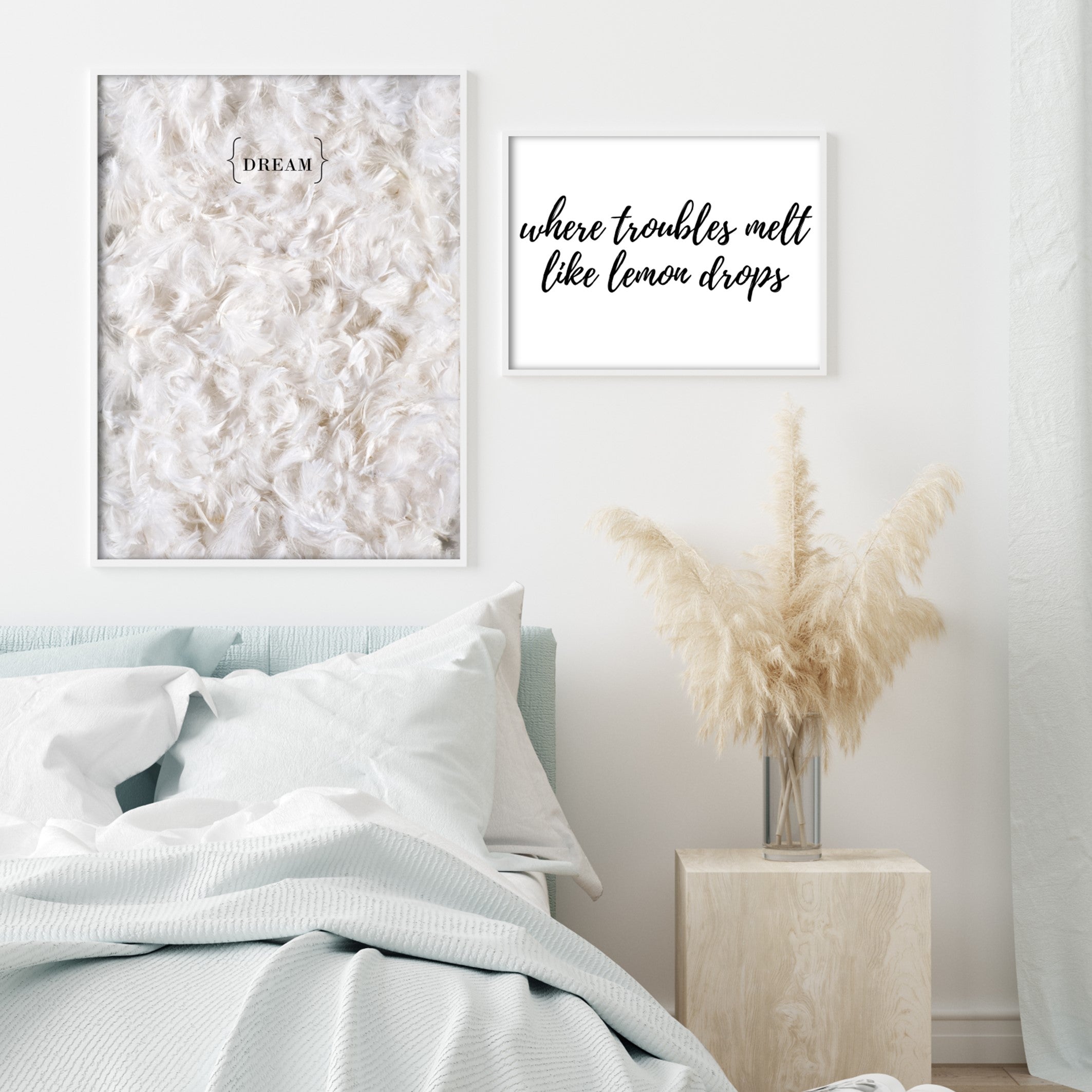 white bedroom wall art in scandi style bedroom